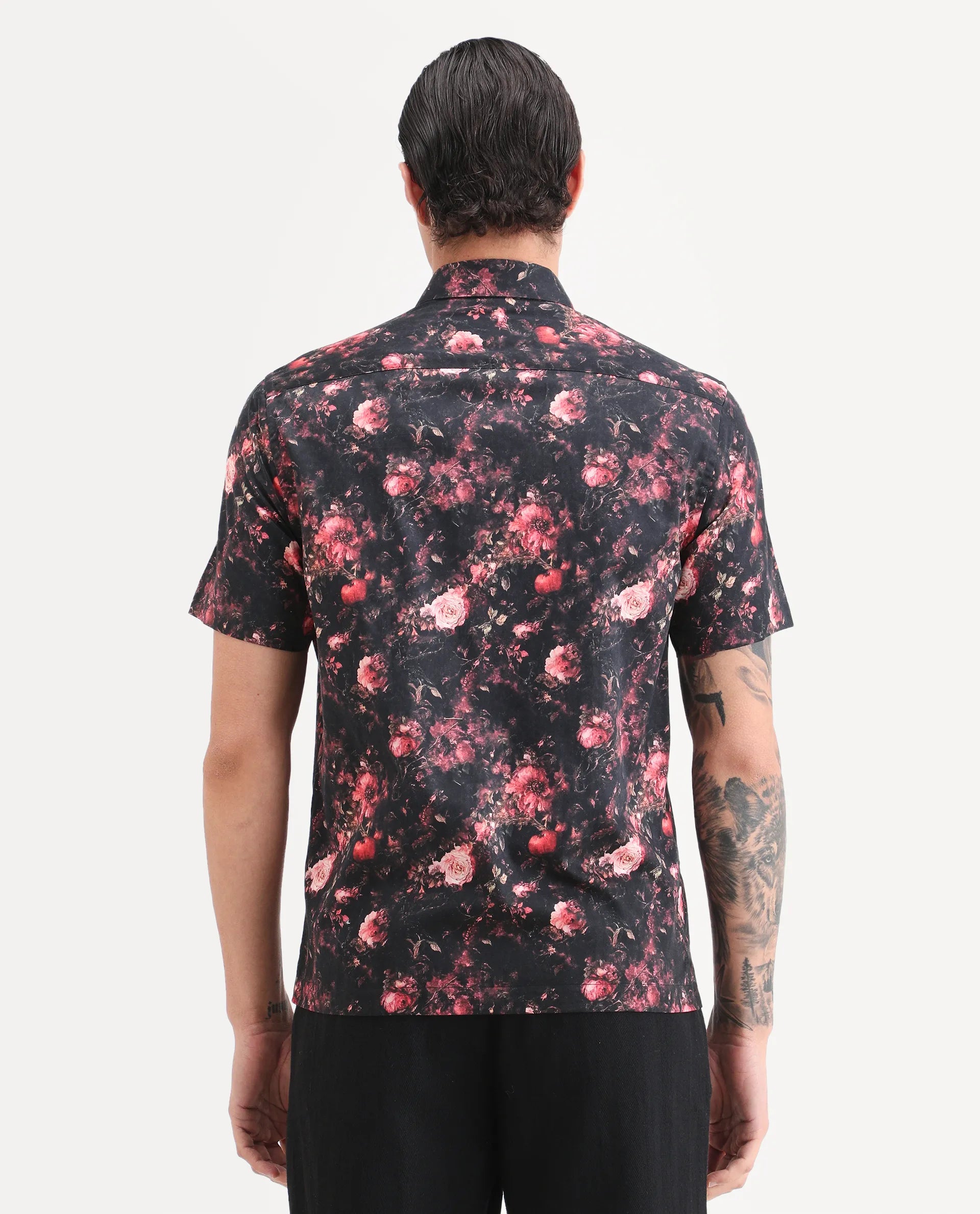 Rare Rabbit Men's Aranger Black Cotton Fabric Half Sleeve Spread Collar Regular Fit Floral Print Shirt
