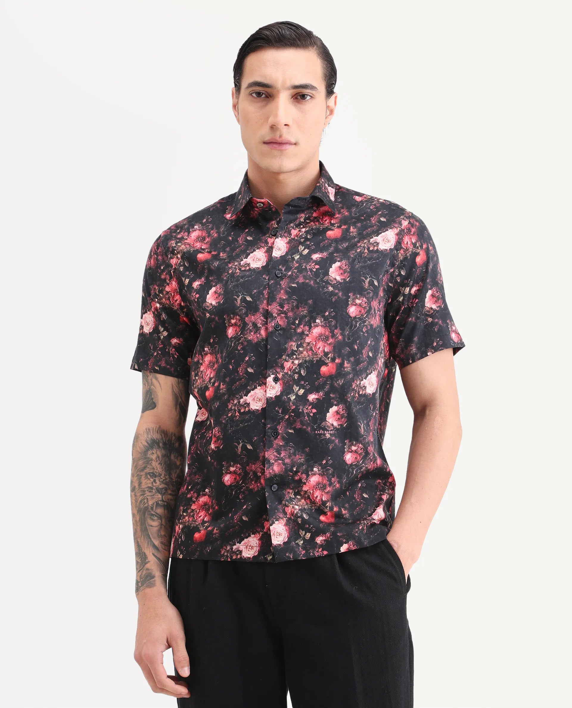 Rare Rabbit Men's Aranger Black Cotton Fabric Half Sleeve Spread Collar Regular Fit Floral Print Shirt
