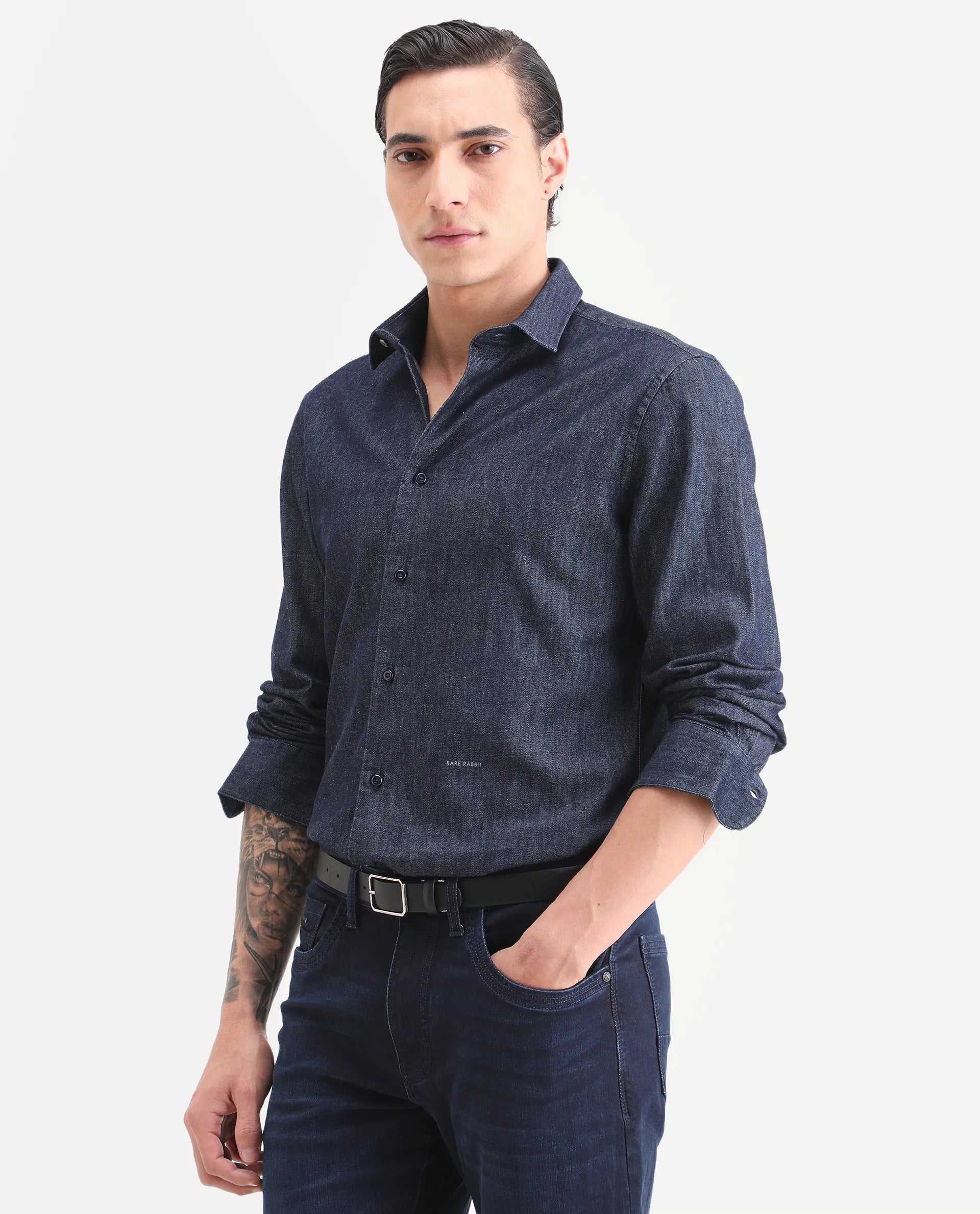 Rare Rabbit Men's Insti Dark Blue Cotton Fabric Full Sleeve Spread Collar Regular Fit Plain Shirt