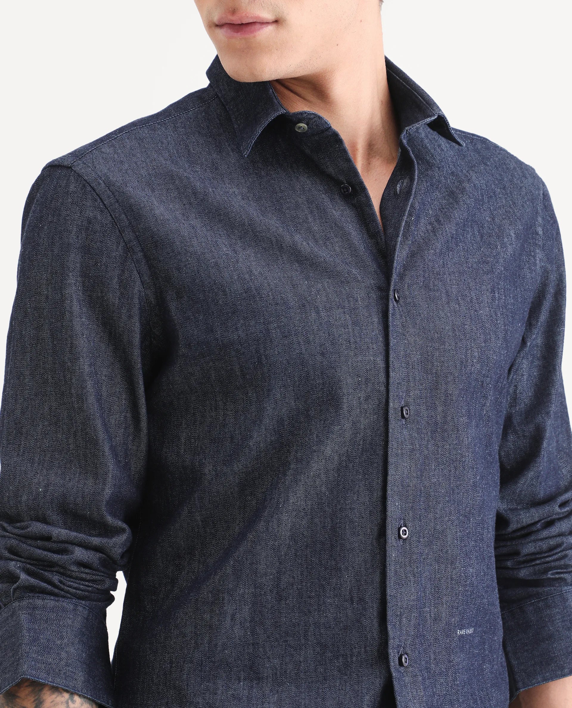 Rare Rabbit Men's Insti Dark Blue Cotton Fabric Full Sleeve Spread Collar Regular Fit Plain Shirt