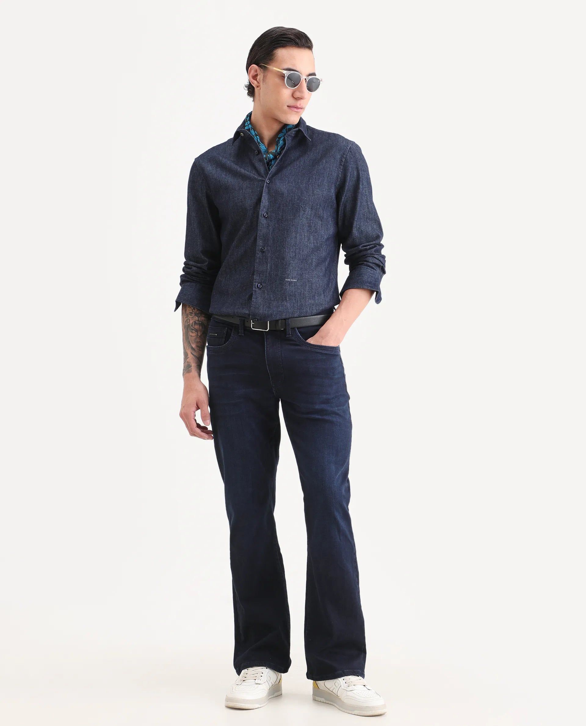 Rare Rabbit Men's Insti Dark Blue Cotton Fabric Full Sleeve Spread Collar Regular Fit Plain Shirt