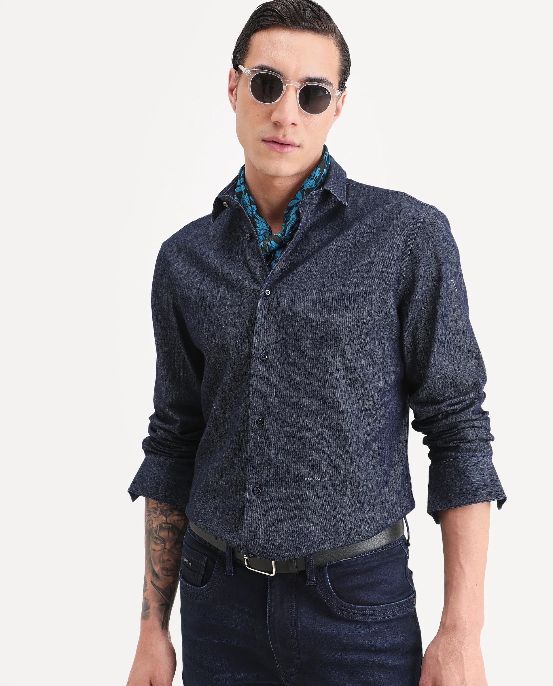 Rare Rabbit Men's Insti Dark Blue Cotton Fabric Full Sleeve Spread Collar Regular Fit Plain Shirt