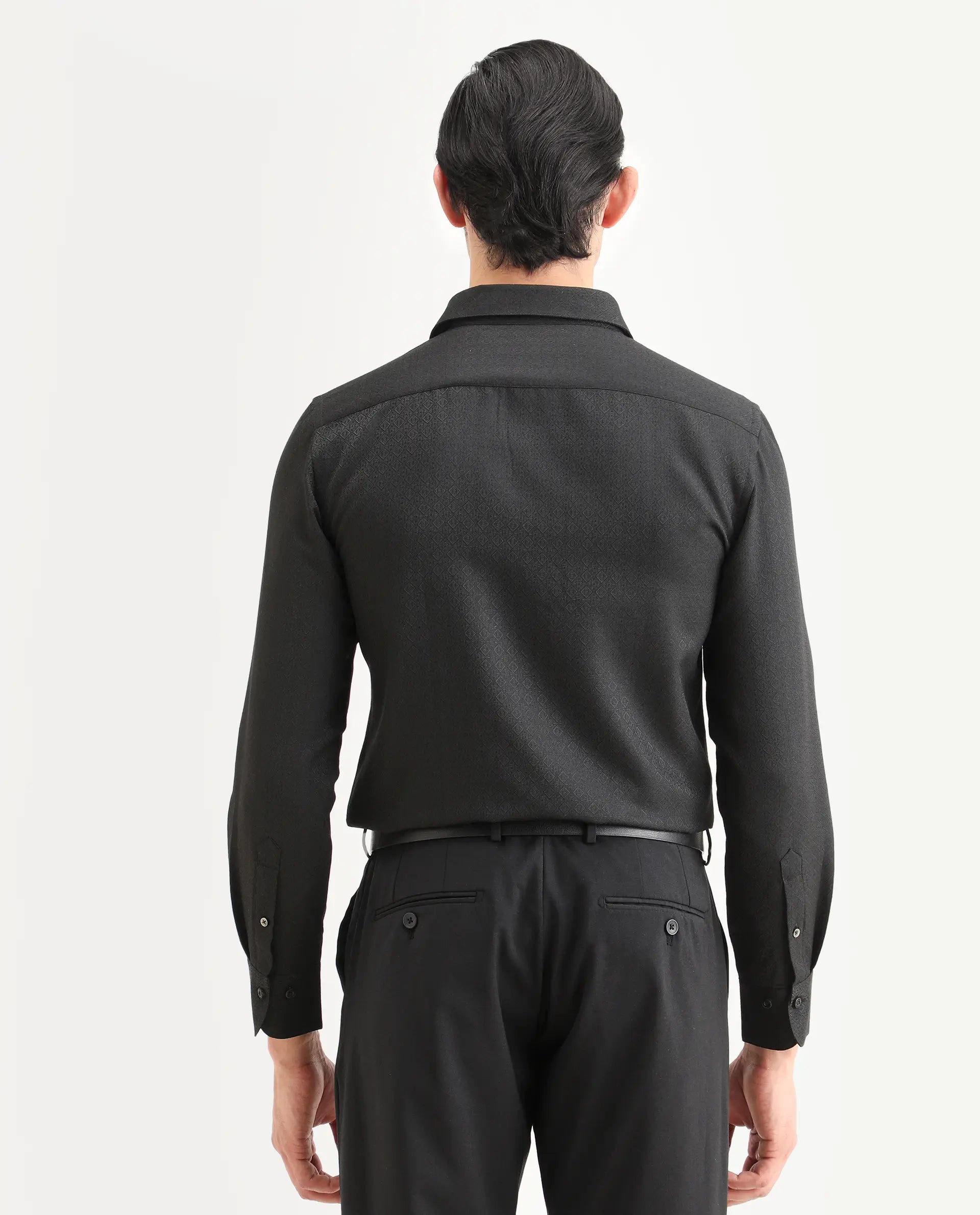 Rare Rabbit Men's Cherny Black Polyester Blend Fabric Full Sleeve Spread Collar Regular Fit Jcaquard Shirt