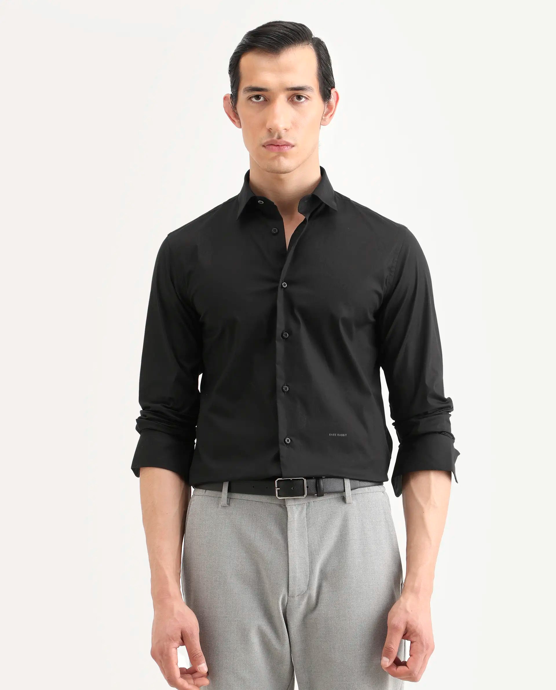 Rare Rabbit Men's Jewto Black Cotton Blend Fabric Full Sleeve Spread Collar Regular Fit Plain Shirt