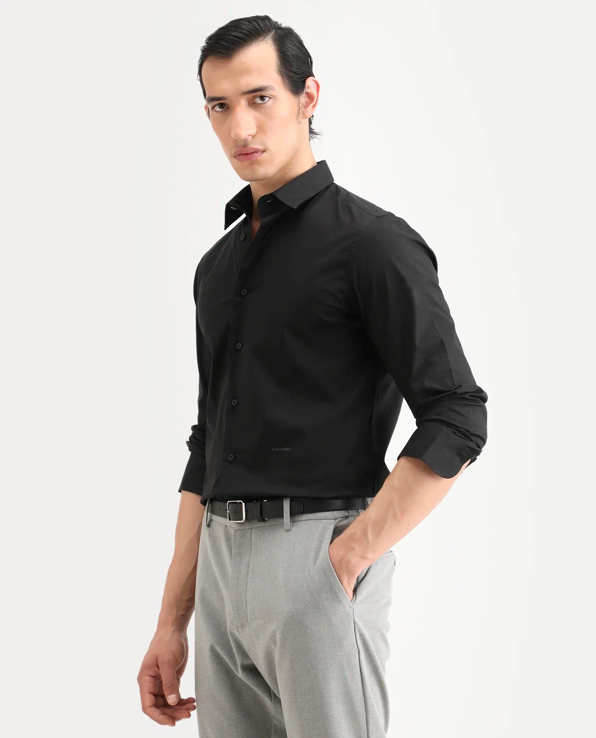 Rare Rabbit Men's Jewto Black Cotton Blend Fabric Full Sleeve Spread Collar Regular Fit Plain Shirt