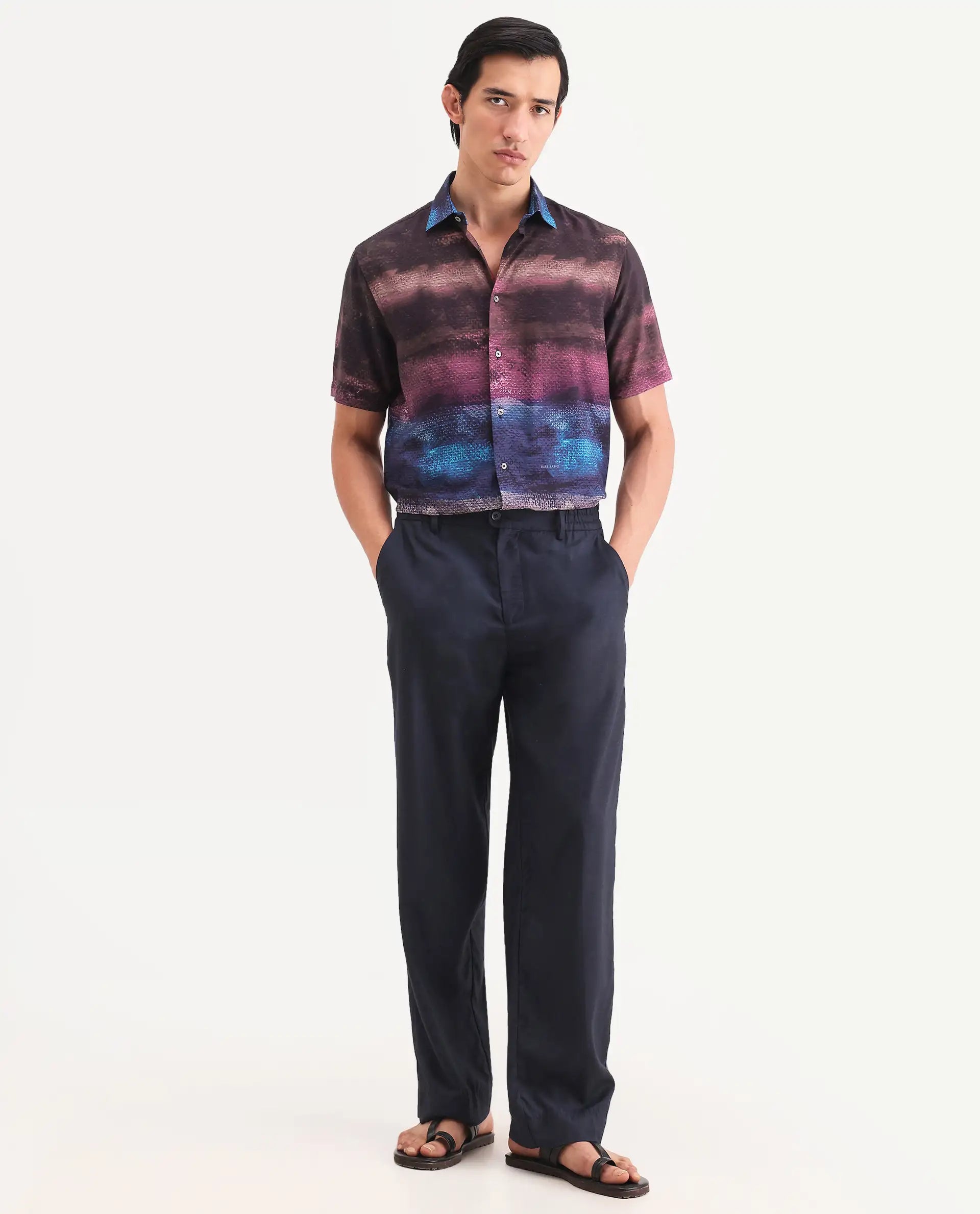 Rare Rabbit Men's Rombren Black Viscose Fabric Half Sleeve Spread Collar Regular Fit Ombre Shirt