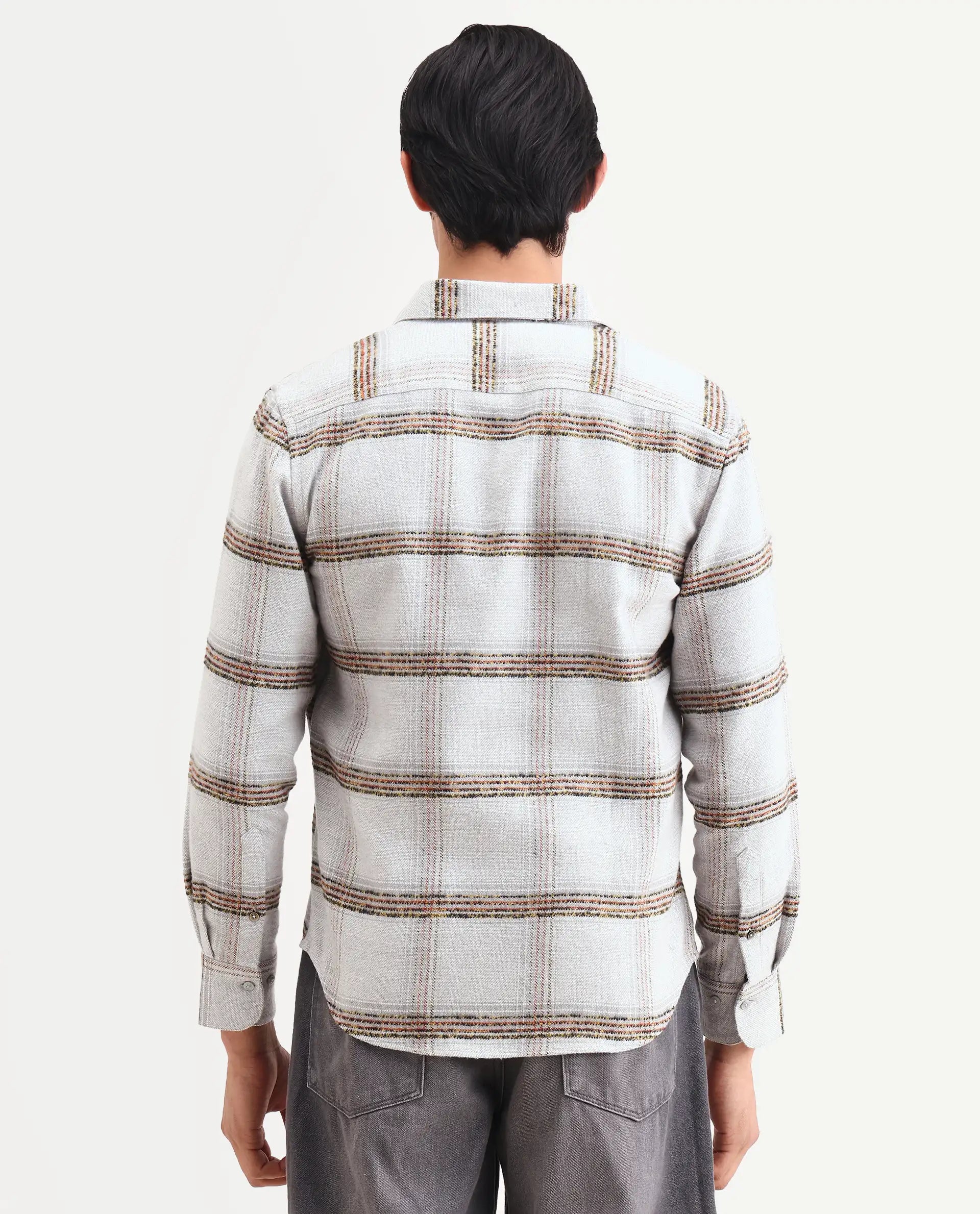 Rare Rabbit Men's Balo Light Grey Cotton Blend Fabric Full Sleeve Spread Collar Regular Fit Checked Shirt