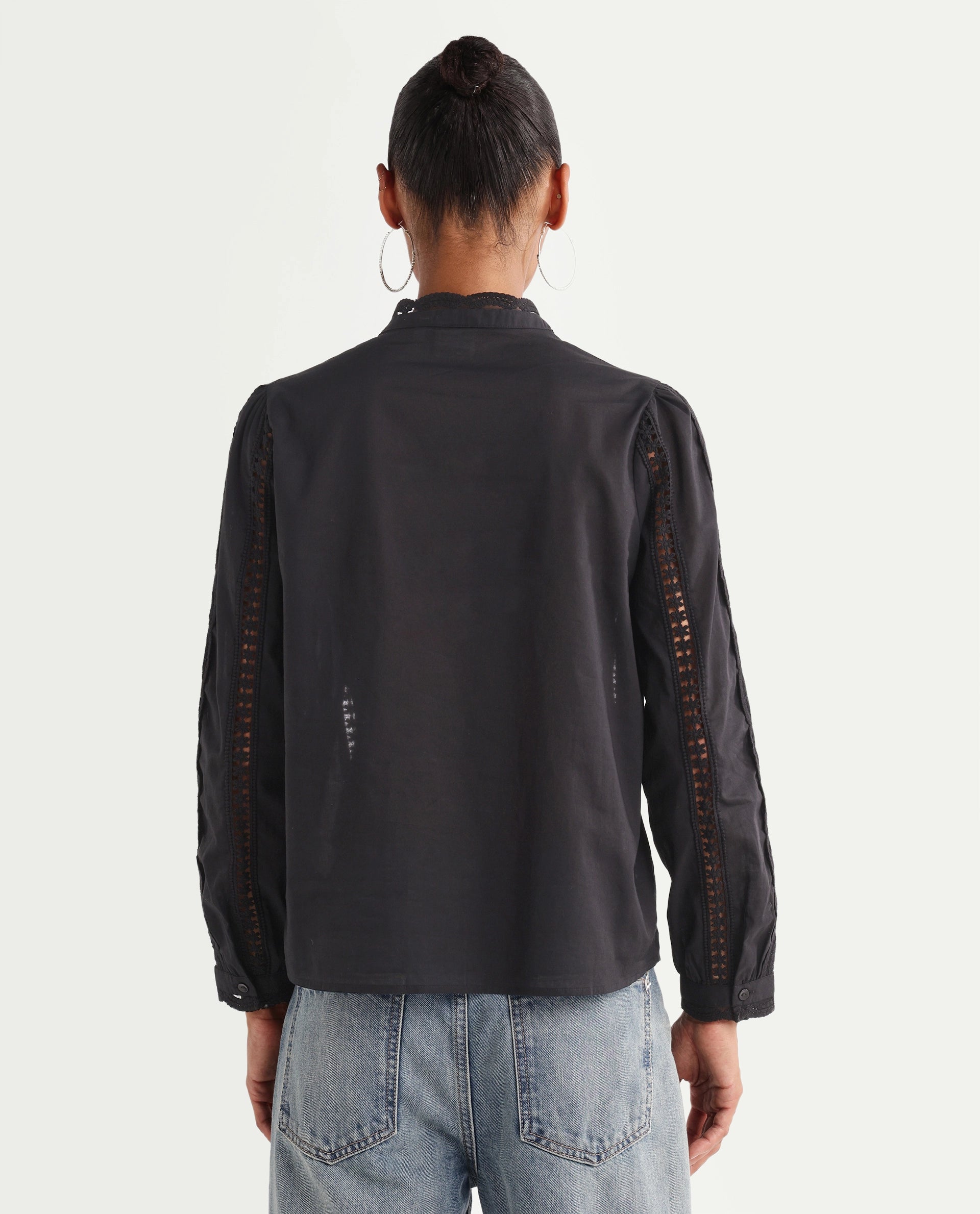 Rareism Women's Cilap Primary Black Cotton Full Sleeve Mandarin Collar Relaxed Fit Top