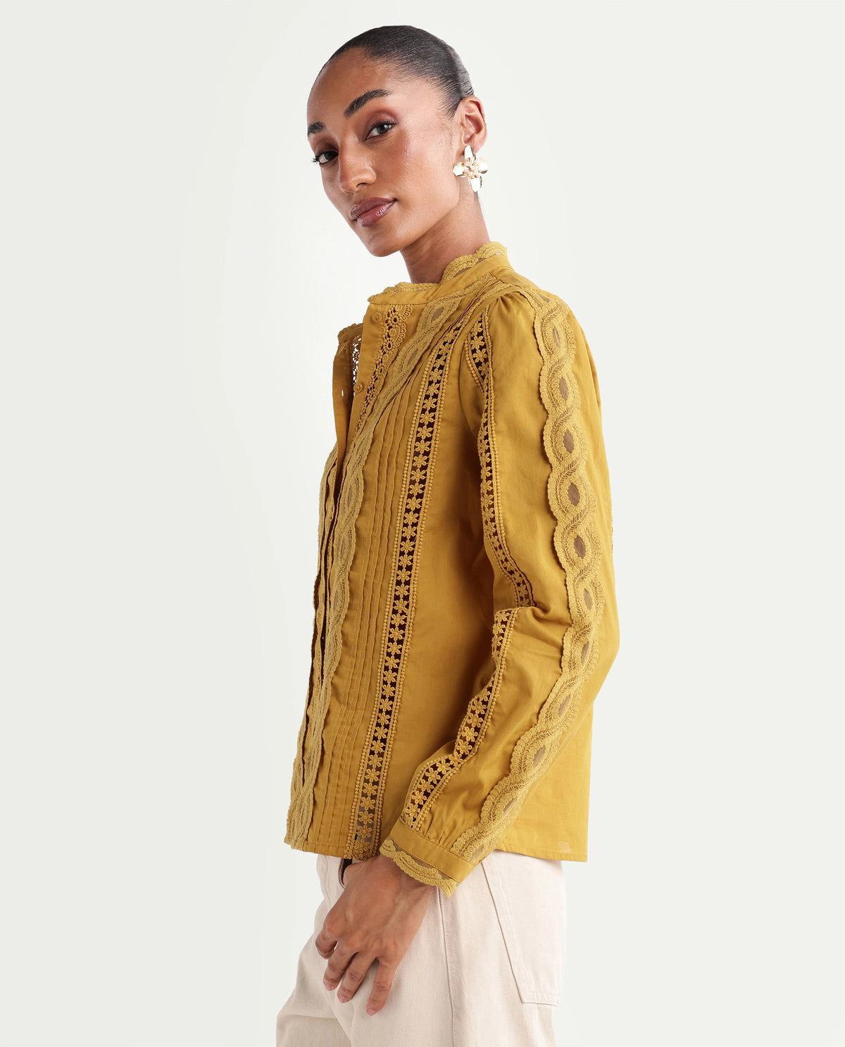 Rareism Women's Cilap Dark Yellow Cotton Full Sleeve Mandarin Collar Relaxed Fit Top