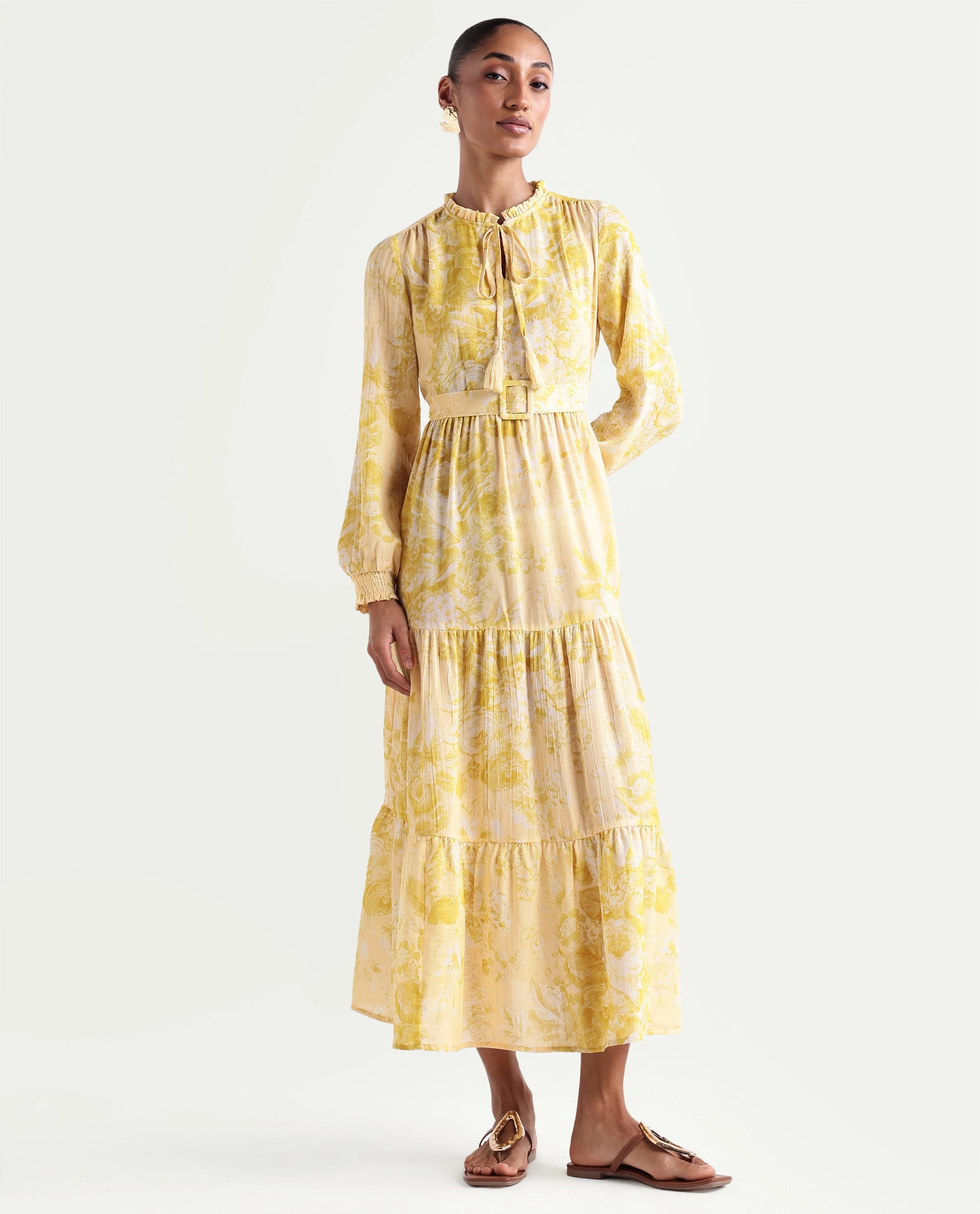Rareism Women's Hany Mustard Polyester Ruffled Neck Fit And Flare Printed Dress