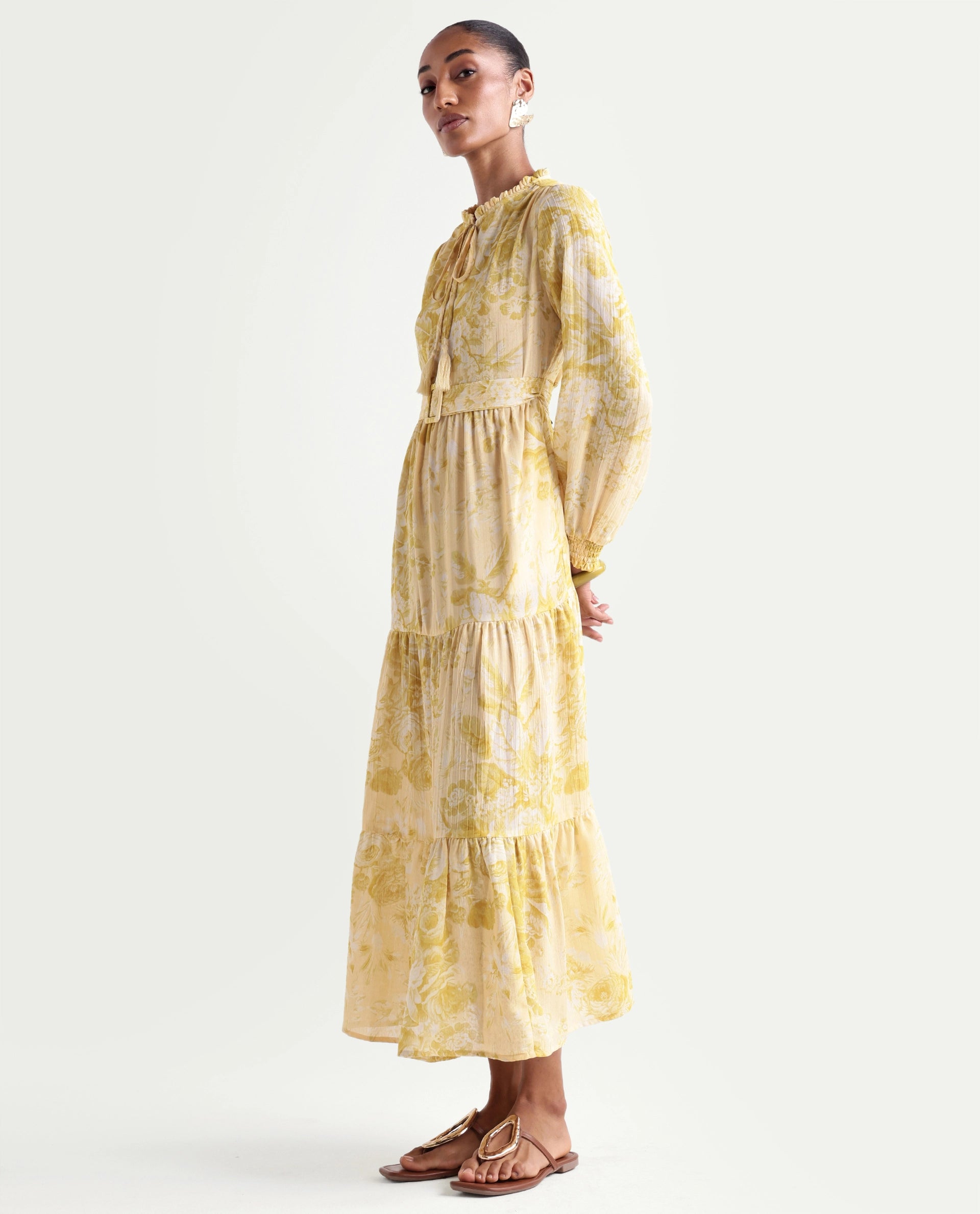 Rareism Women's Hany Mustard Polyester Ruffled Neck Fit And Flare Printed Dress