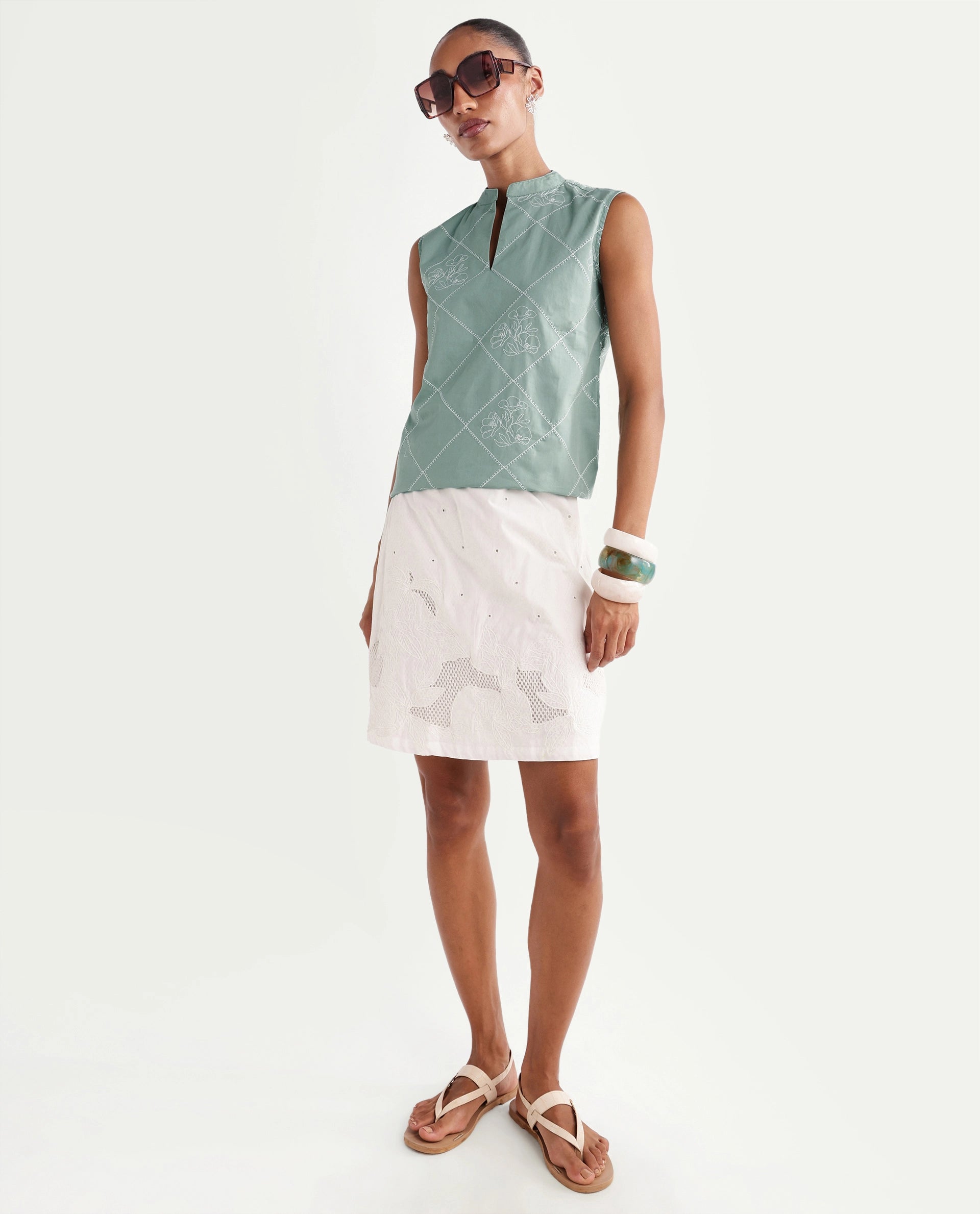 Rareism Women's Hax Dusky Green Cotton Sleeveless Band Collar Pull-On Regular Plain Top