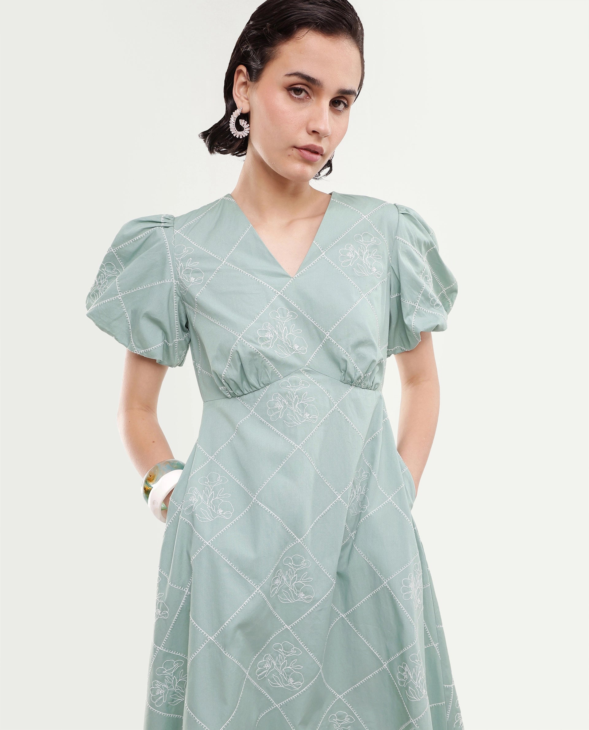 Rareism Women's Haxa Dusky Green Cotton Half Sleeve V-Neck Fit And Flare Plain Dress
