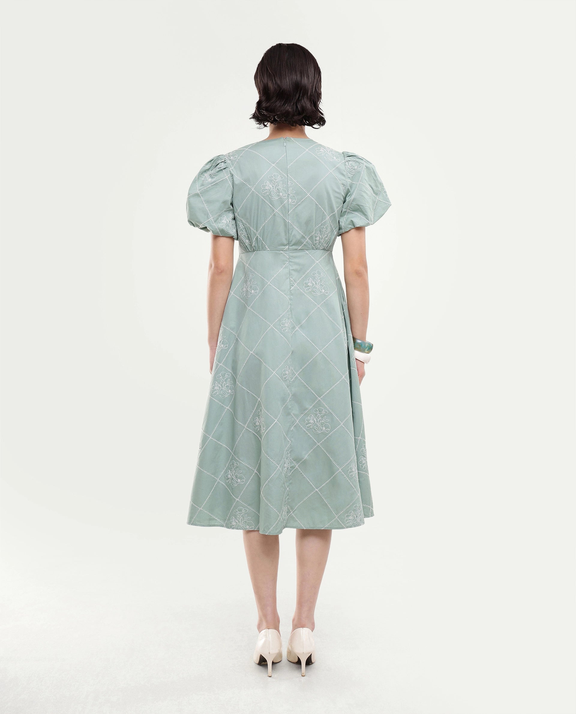 Rareism Women's Haxa Dusky Green Cotton Half Sleeve V-Neck Fit And Flare Plain Dress
