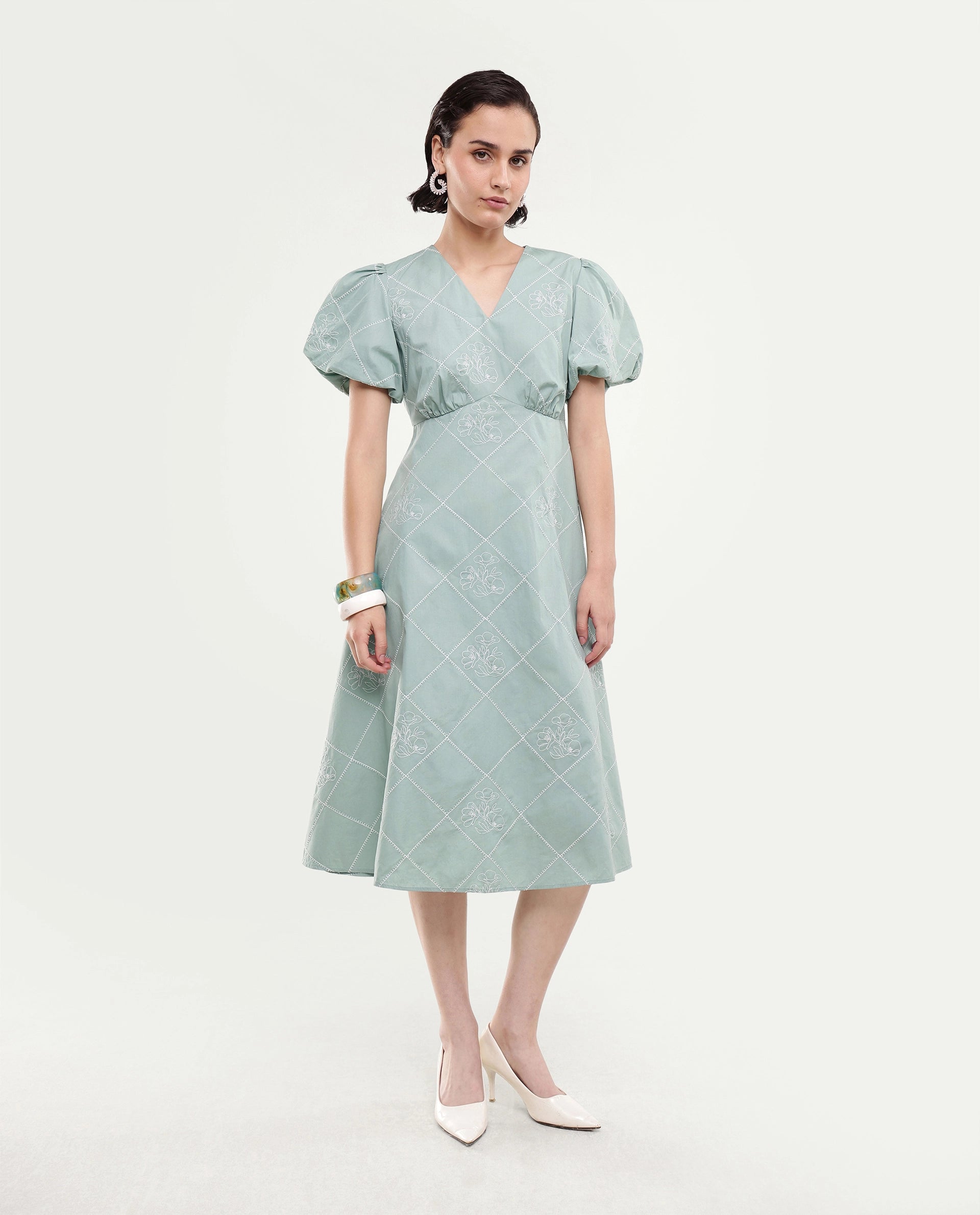 Rareism Women's Haxa Dusky Green Cotton Half Sleeve V-Neck Fit And Flare Plain Dress