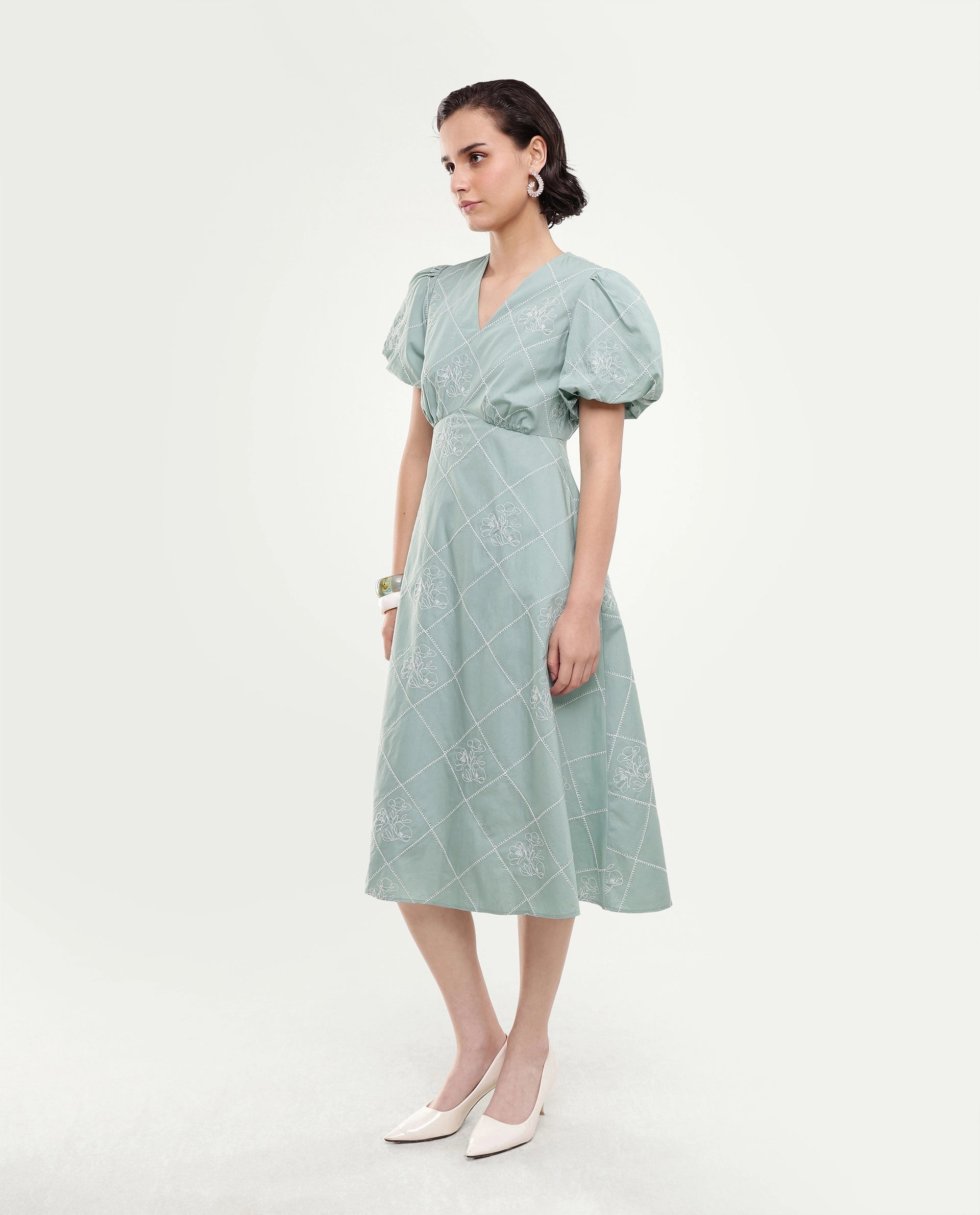 Rareism Women's Haxa Dusky Green Cotton Half Sleeve V-Neck Fit And Flare Plain Dress