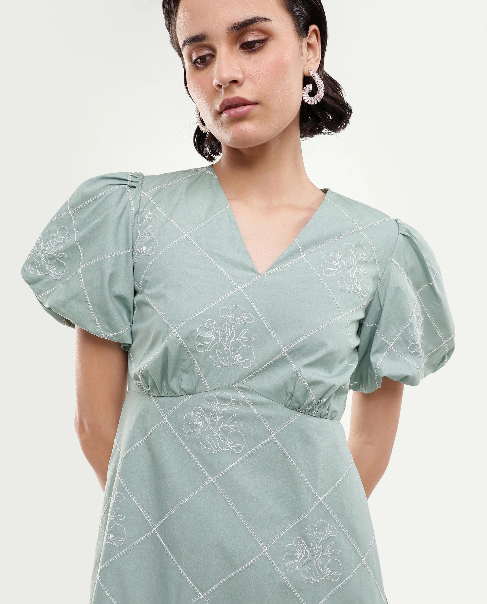 Rareism Women's Haxa Dusky Green Cotton Half Sleeve V-Neck Fit And Flare Plain Dress