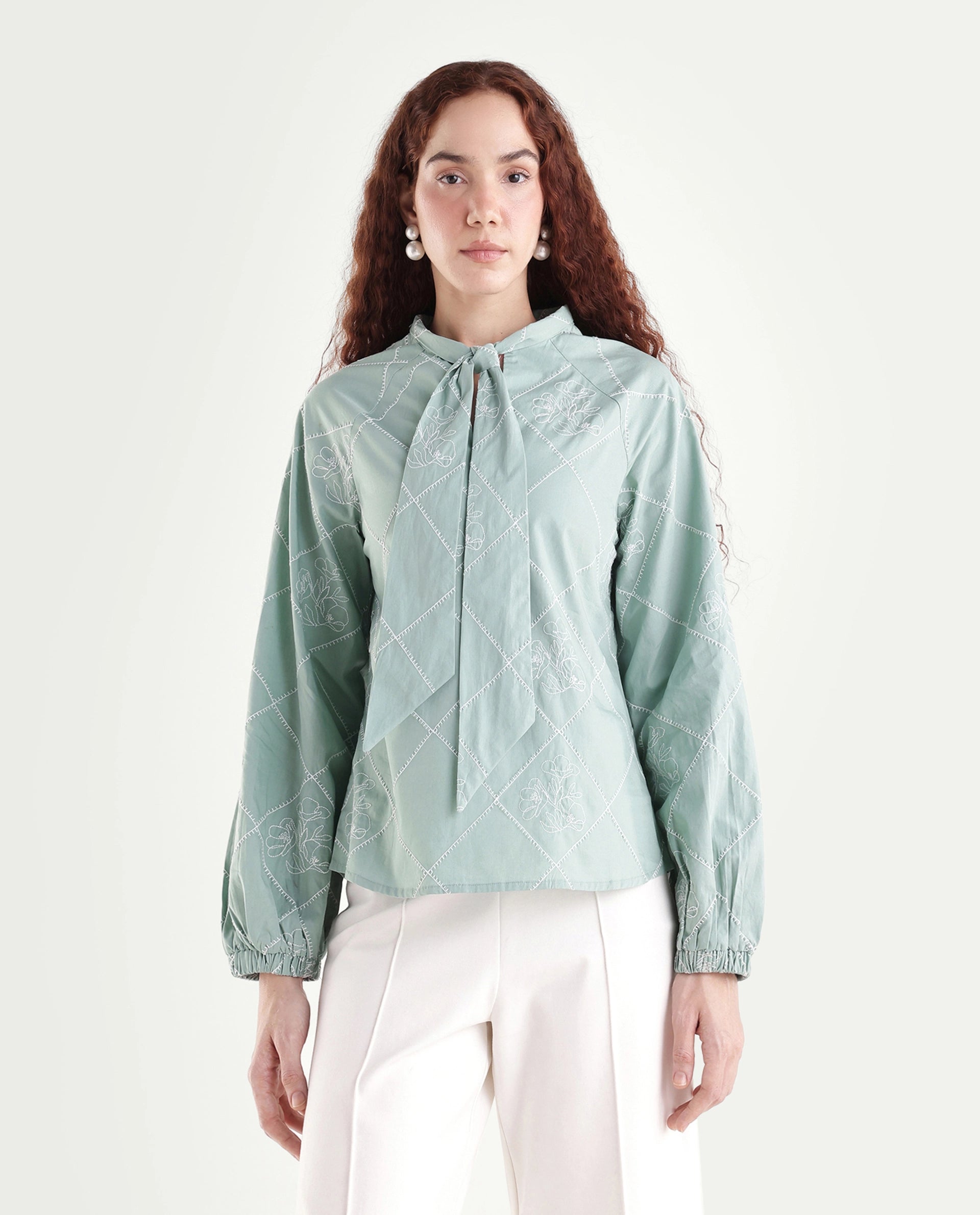 Rareism Women's Haxo Dusky Green Cotton Full Sleeve Tie-Up Relaxed Plain Top