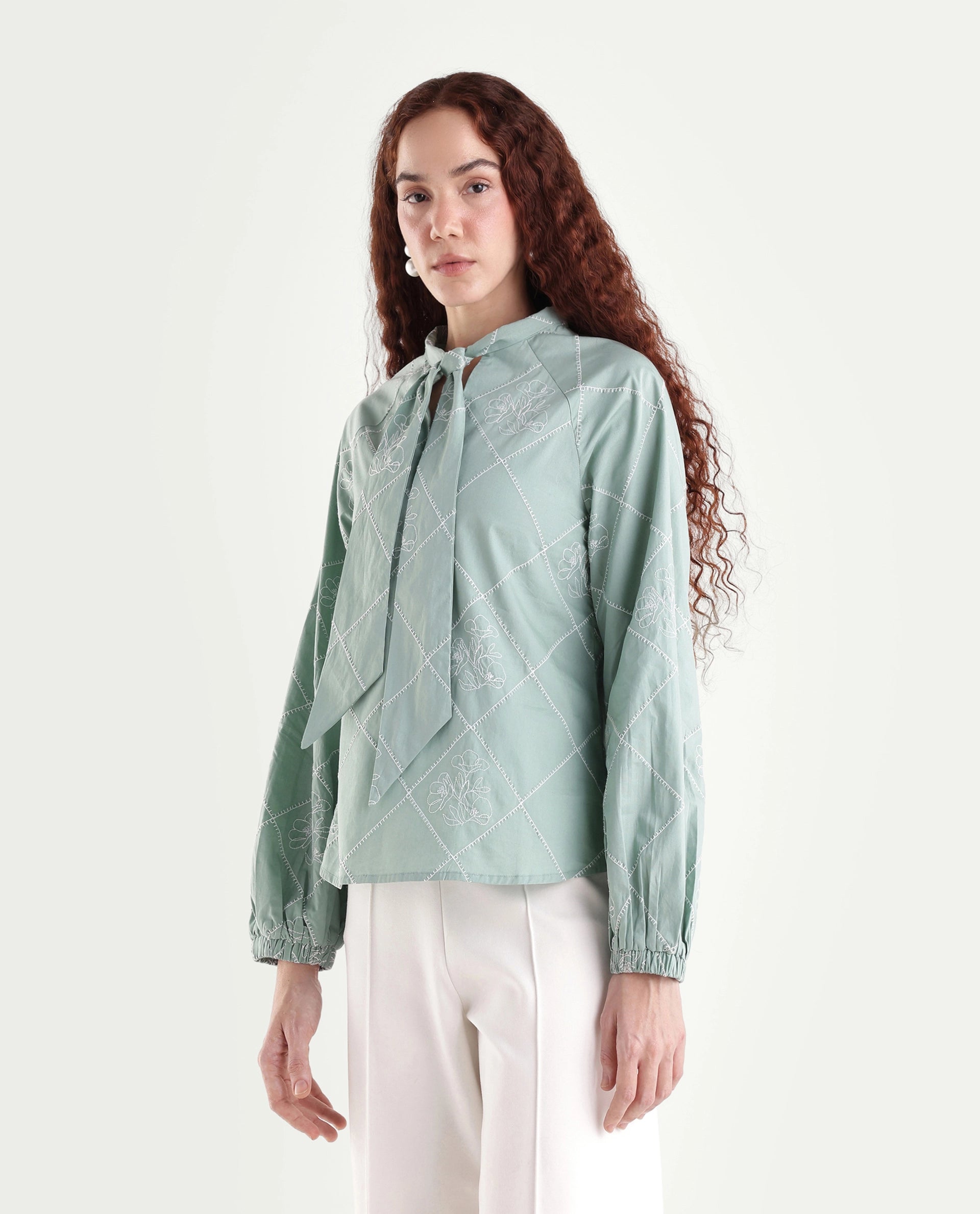 Rareism Women's Haxo Dusky Green Cotton Full Sleeve Tie-Up Relaxed Plain Top