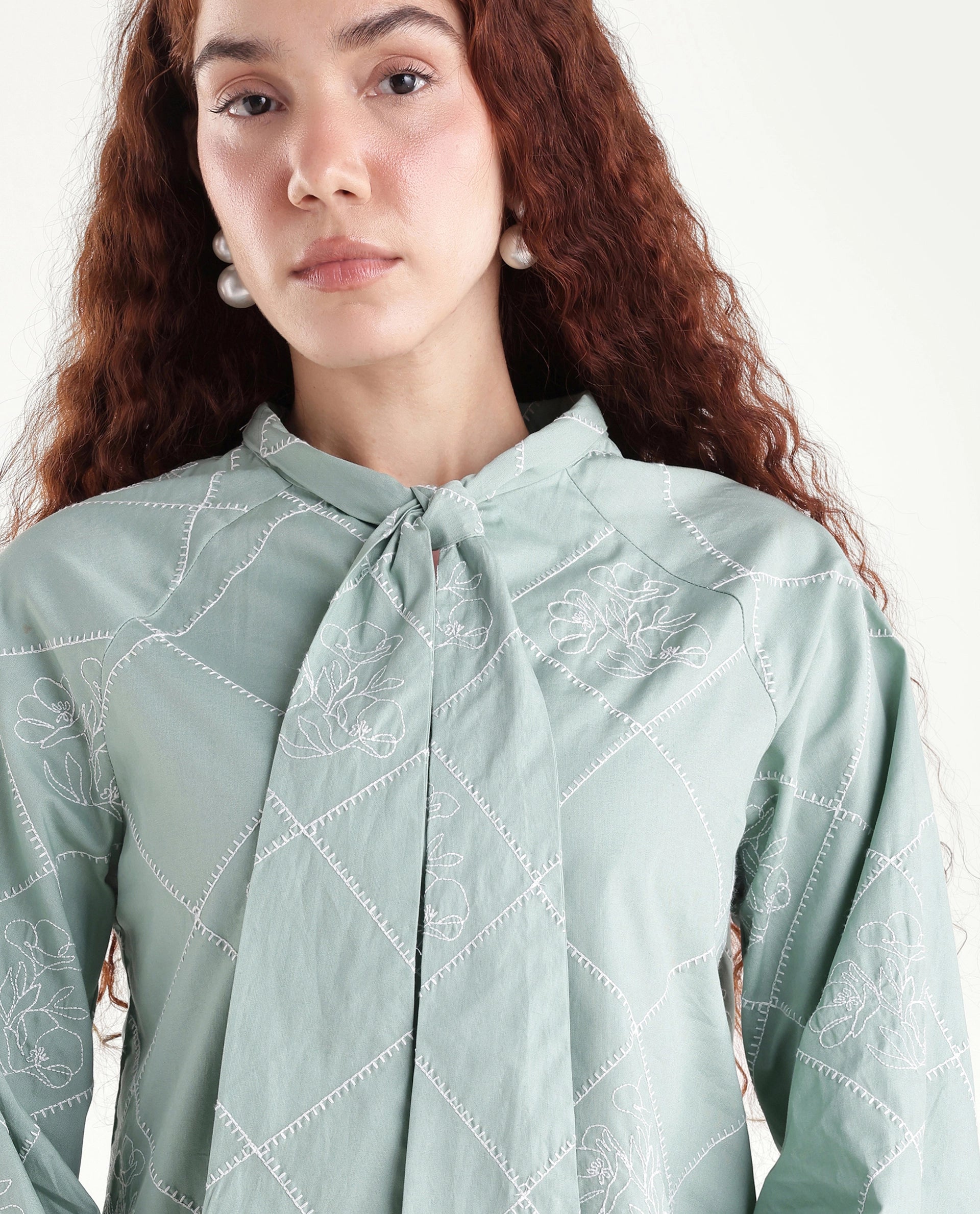 Rareism Women's Haxo Dusky Green Cotton Full Sleeve Tie-Up Relaxed Plain Top