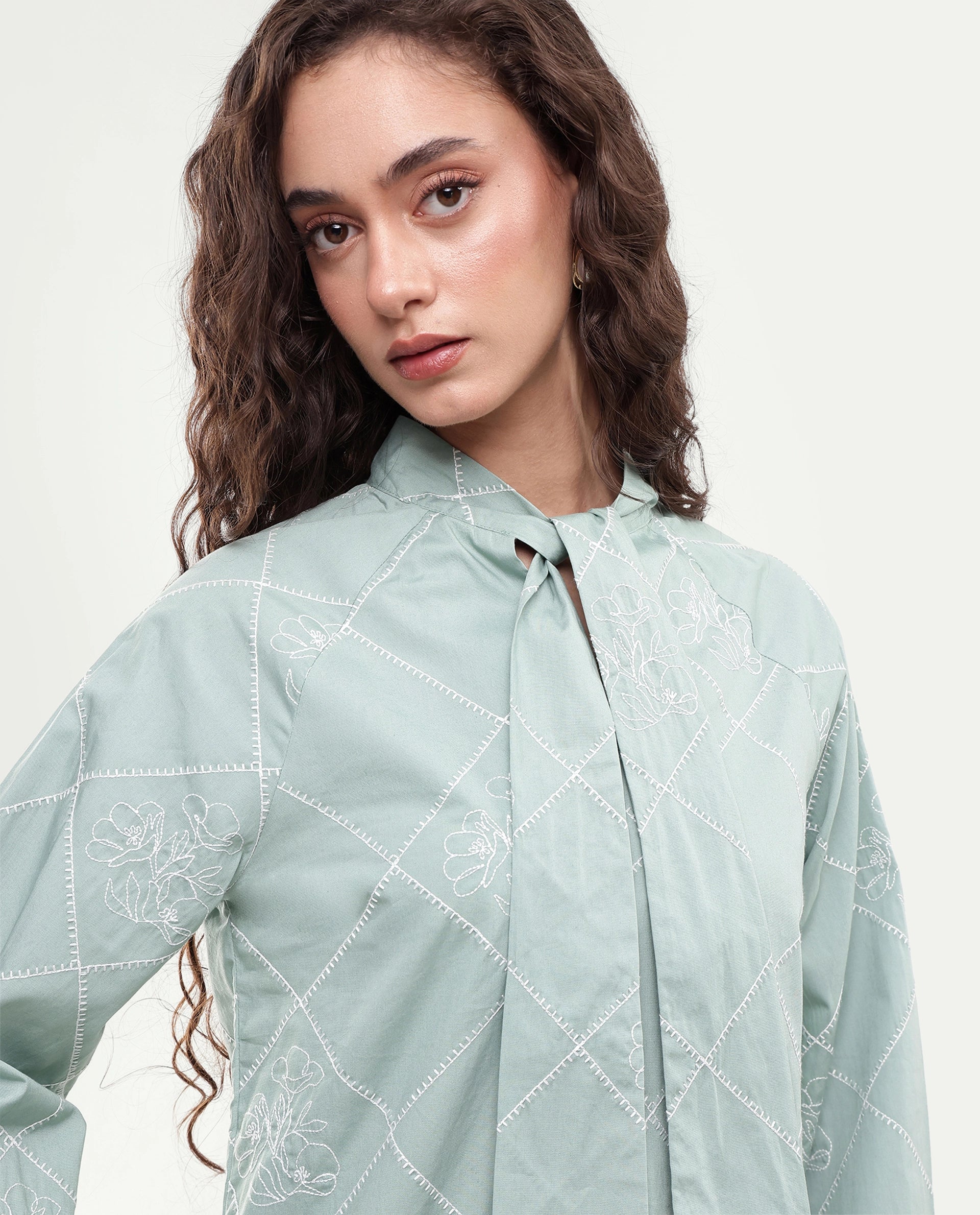 Rareism Women's Haxo Dusky Green Cotton Full Sleeve Tie-Up Relaxed Plain Top