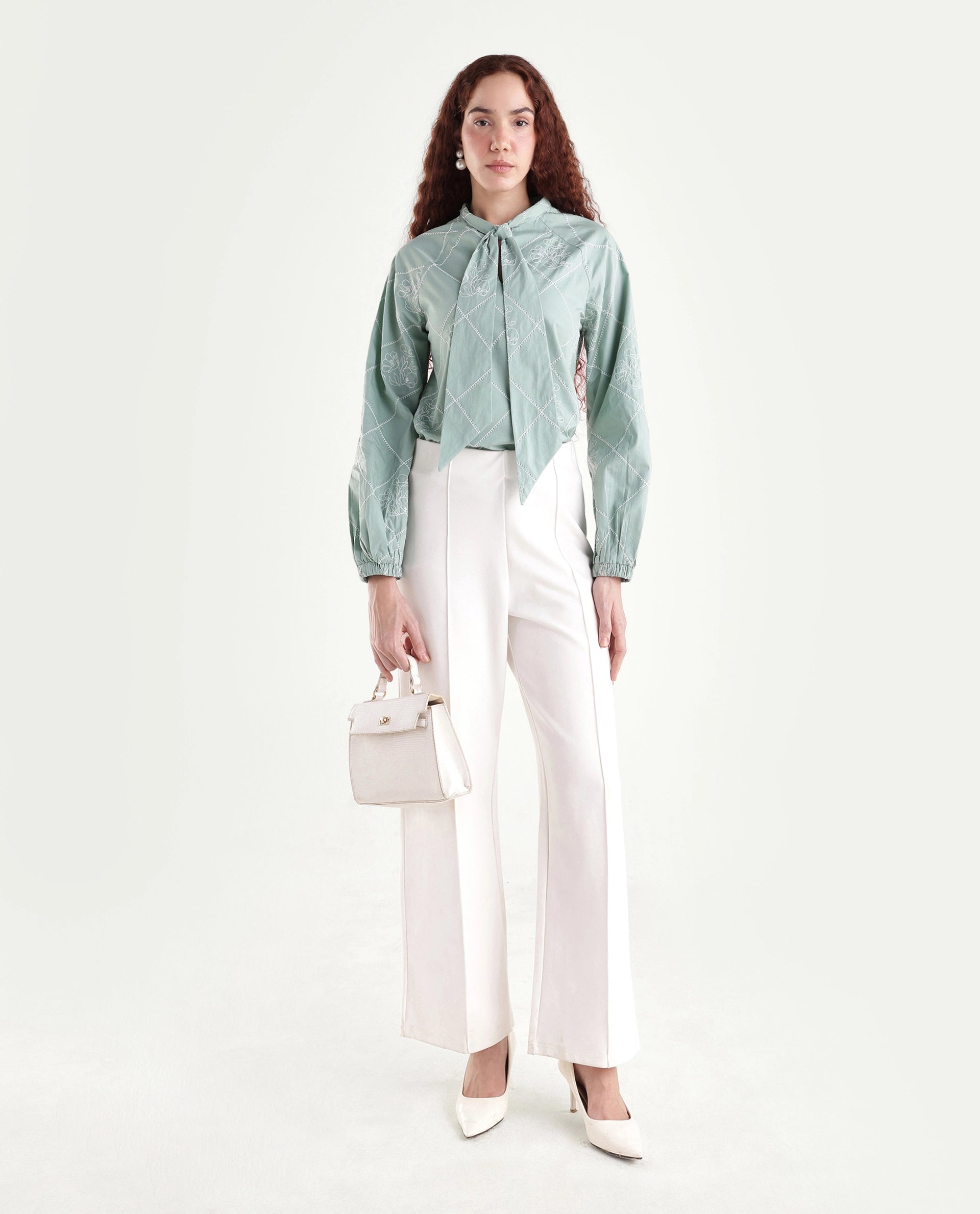 Rareism Women's Haxo Dusky Green Cotton Full Sleeve Tie-Up Relaxed Plain Top