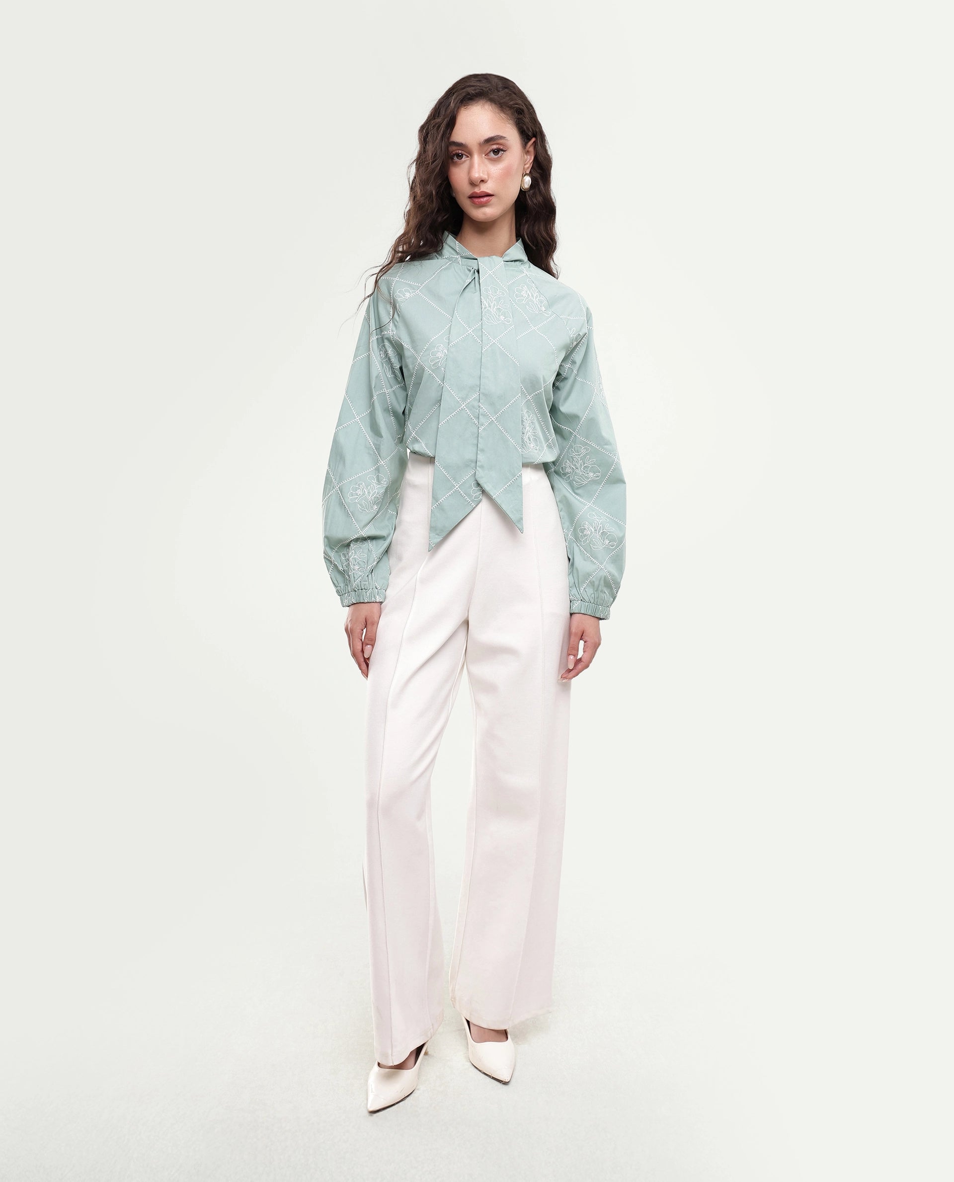 Rareism Women's Haxo Dusky Green Cotton Full Sleeve Tie-Up Relaxed Plain Top