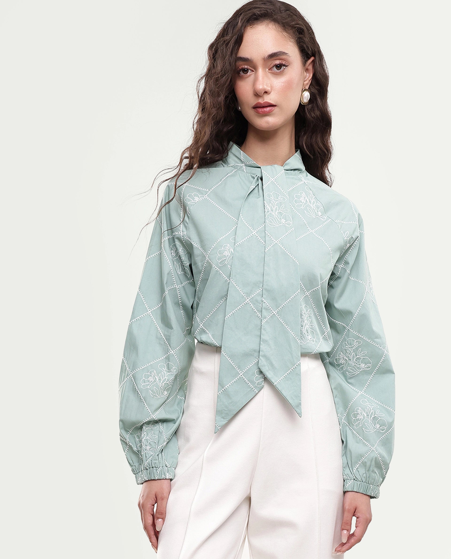 Rareism Women's Haxo Dusky Green Cotton Full Sleeve Tie-Up Relaxed Plain Top