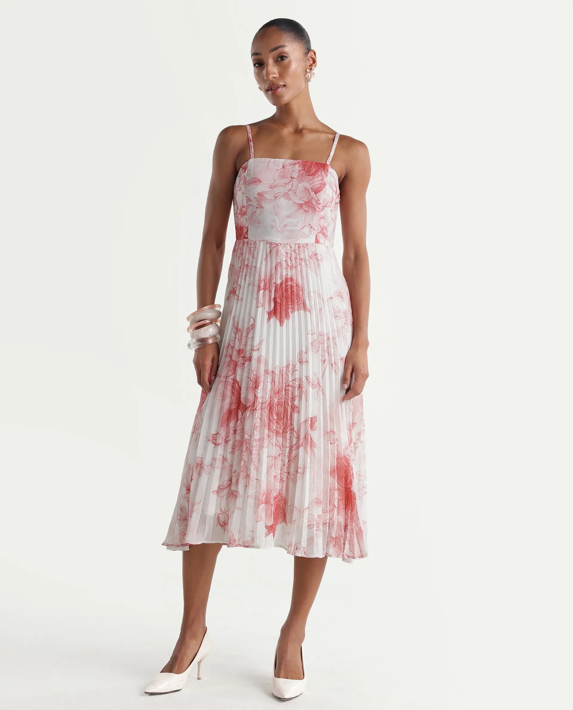 Rareism Women's Henvo Off White Polyester Tube Neck Fit And Flare Floral Print Dress