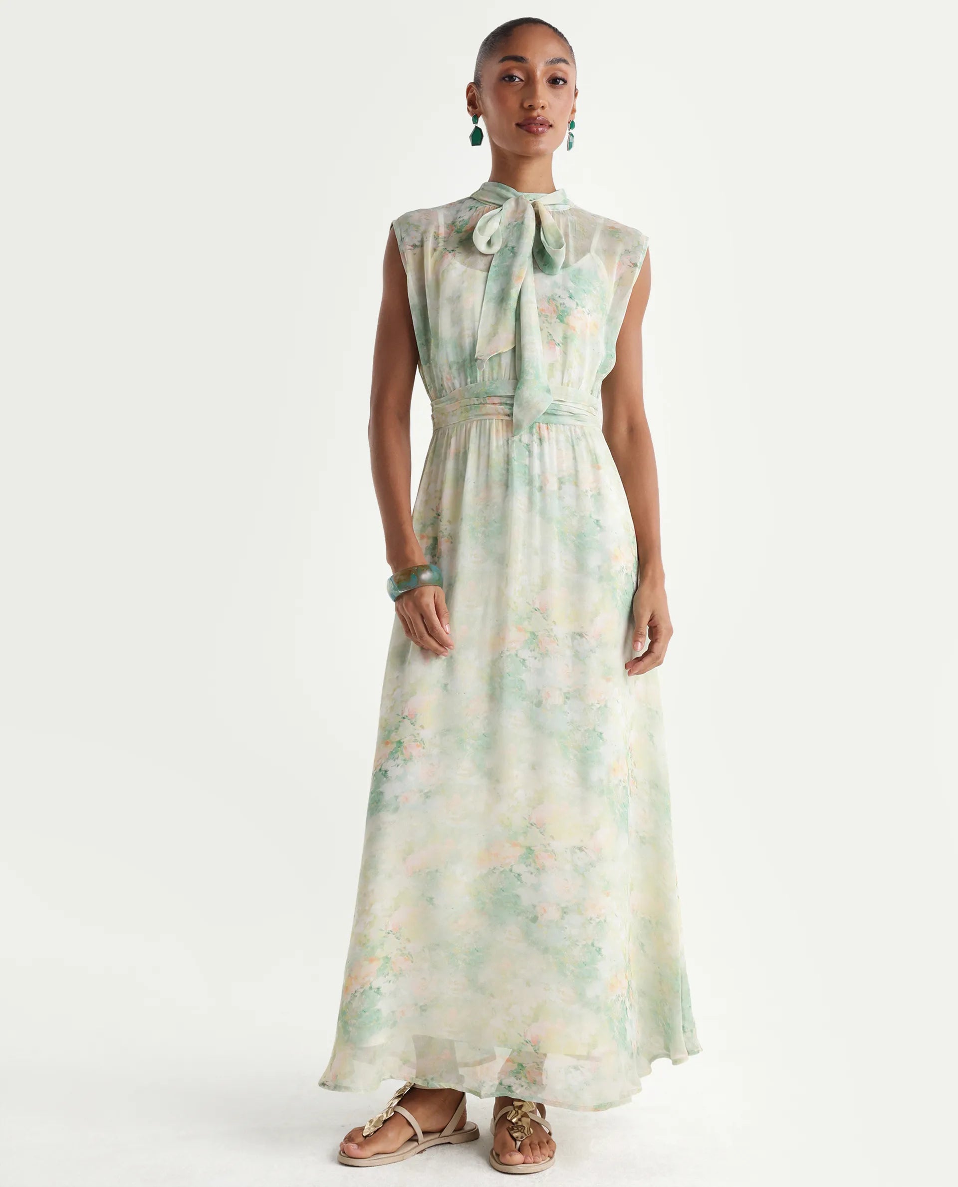 Rareism Women's Hian Light Green Viscose Blend High Neck Fit And Flare All Over Print Dress