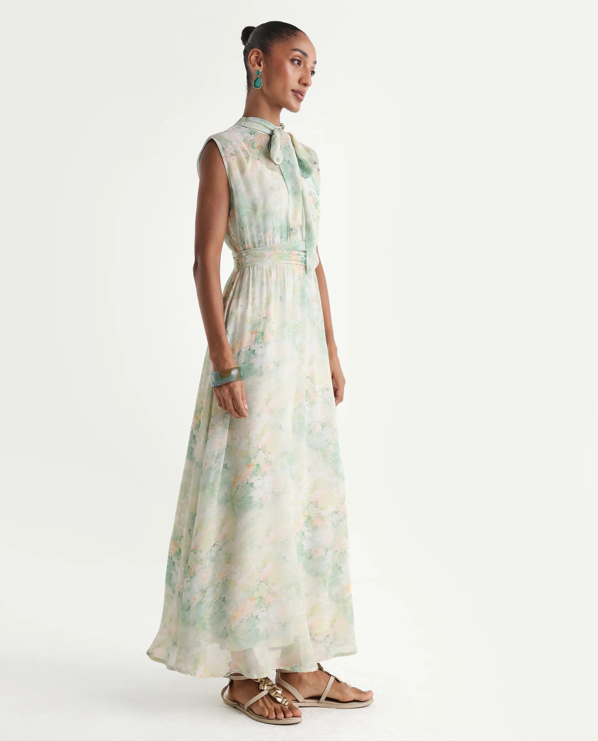 Rareism Women's Hian Light Green Viscose Blend High Neck Fit And Flare All Over Print Dress