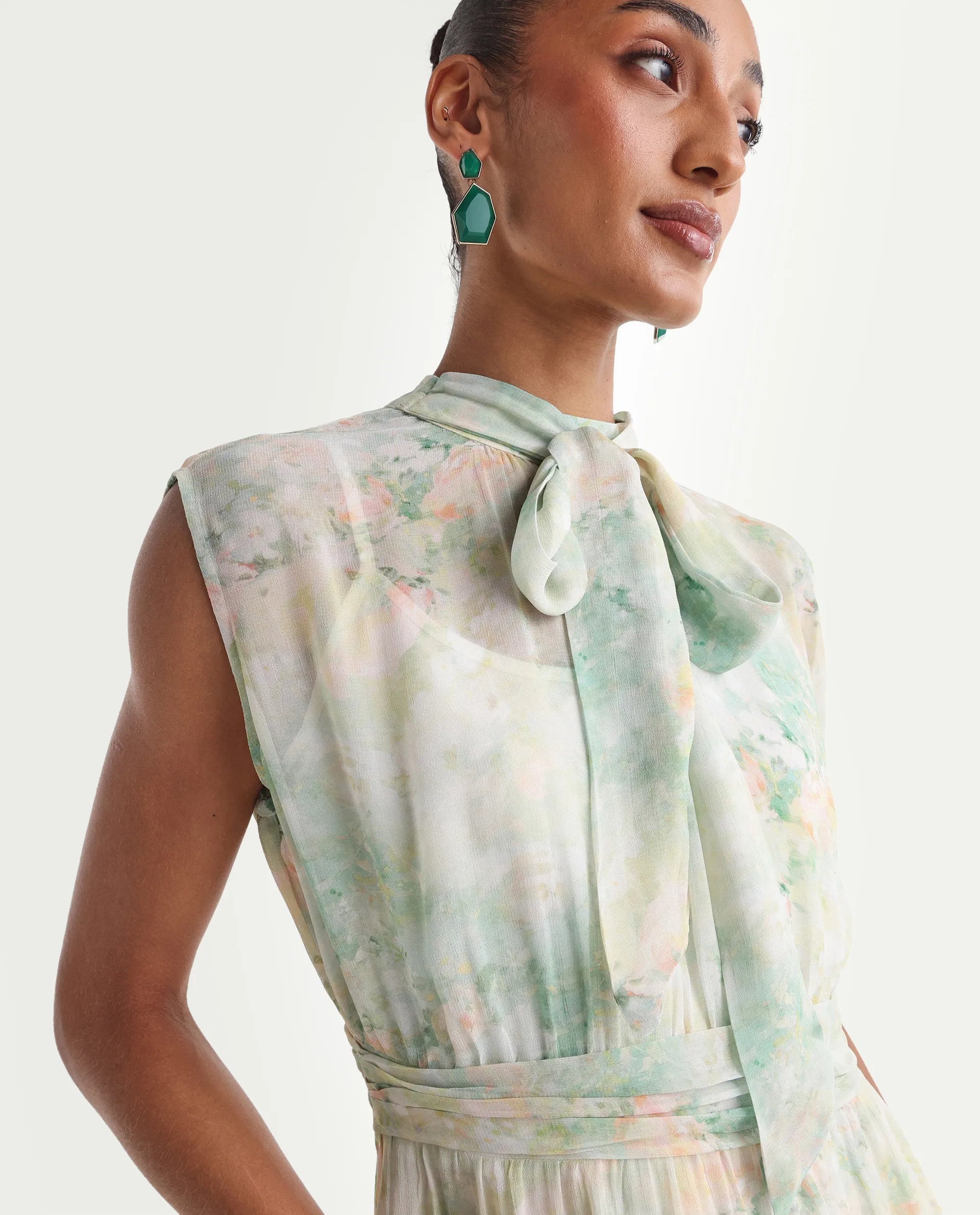 Rareism Women's Hian Light Green Viscose Blend High Neck Fit And Flare All Over Print Dress