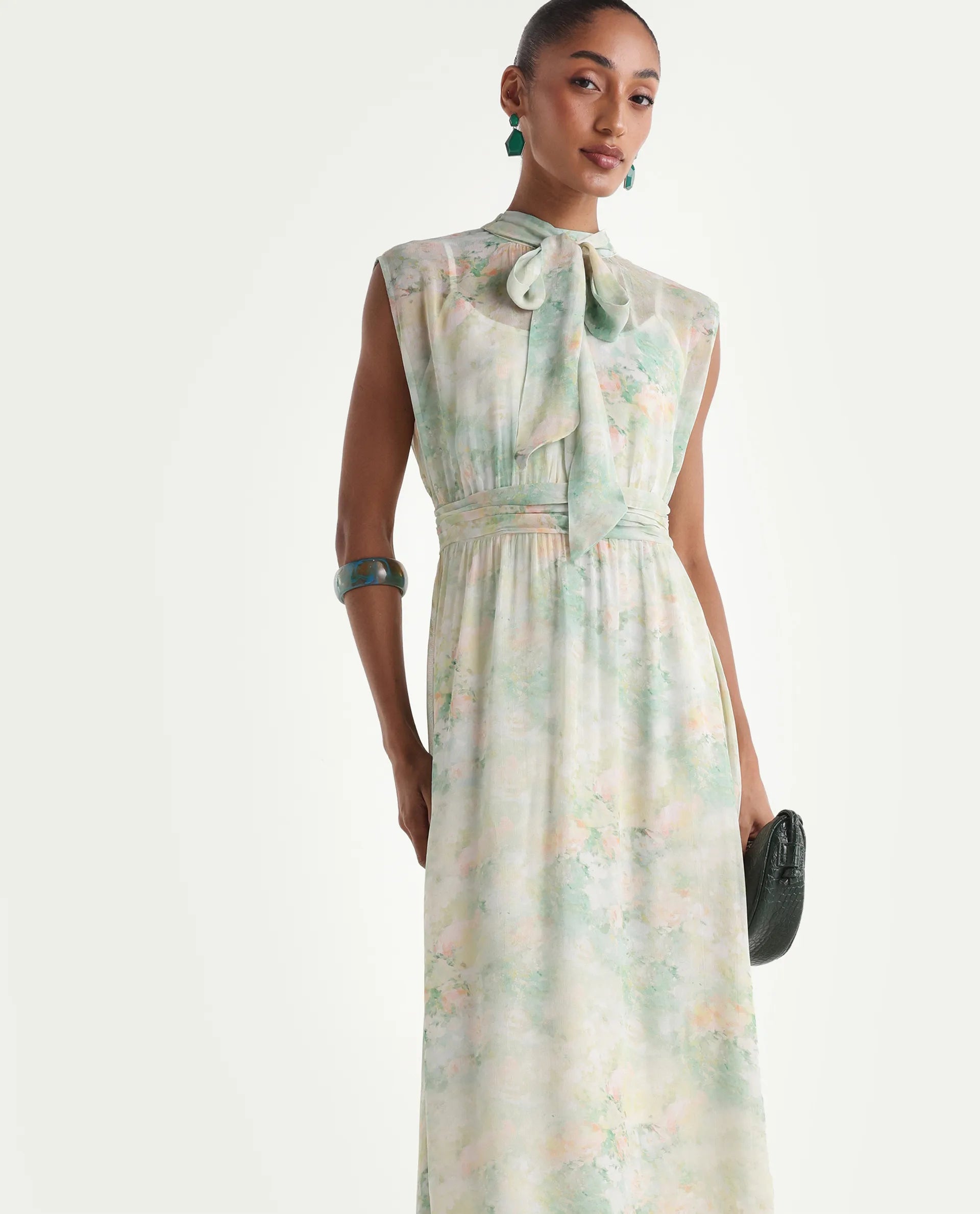 Rareism Women's Hian Light Green Viscose Blend High Neck Fit And Flare All Over Print Dress