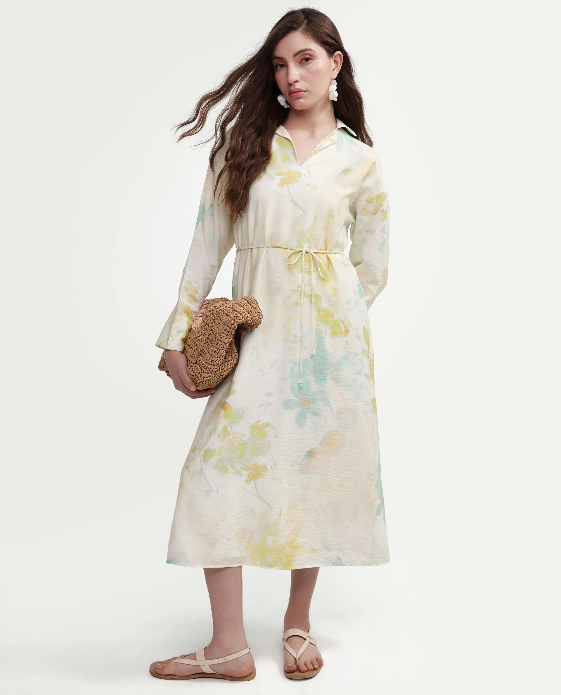 Rareism Women's Hrix Light Green Viscose Blend Lapel Neck A-Line All Over Print Dress