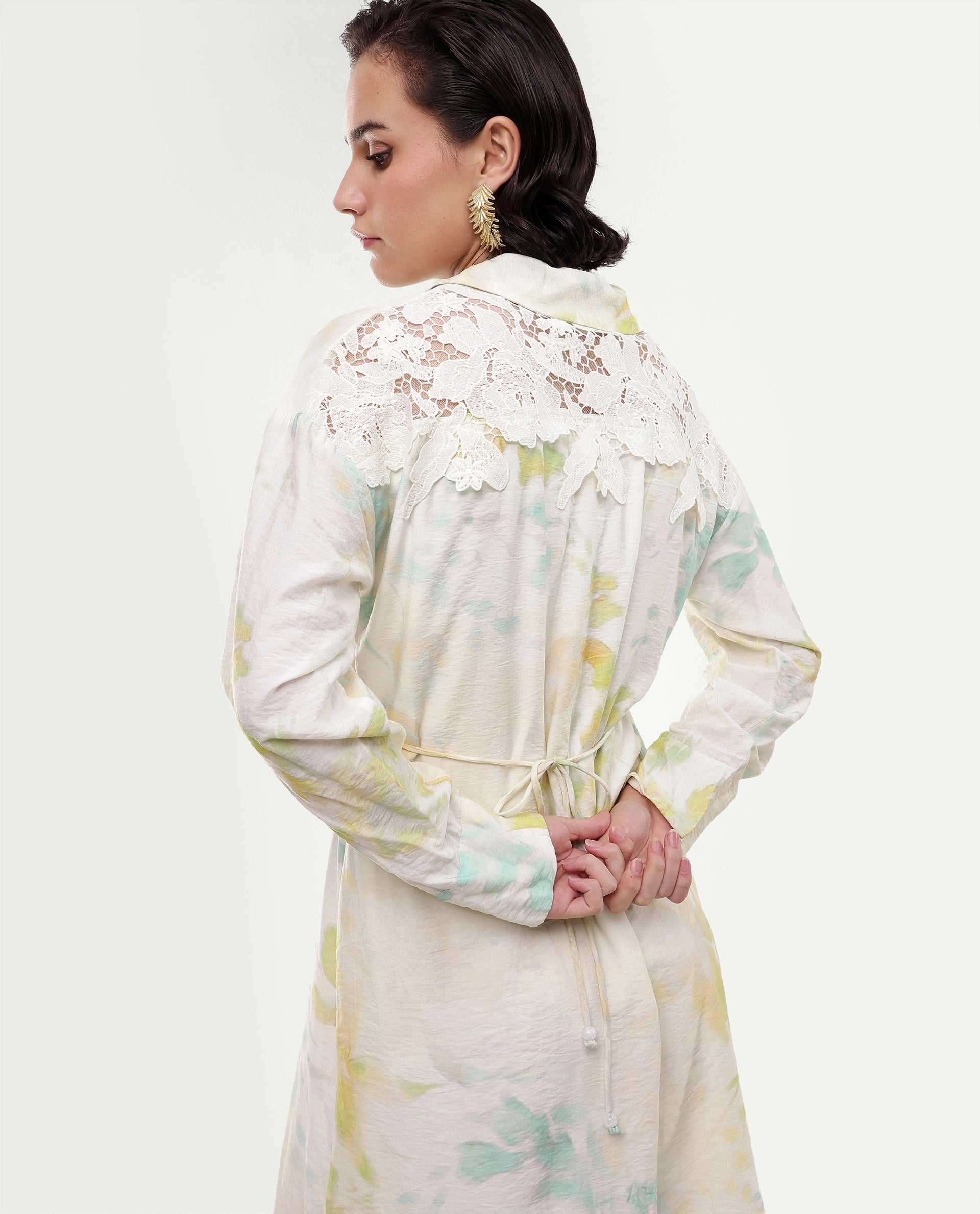 Rareism Women's Hrix Light Green Viscose Blend Lapel Neck A-Line All Over Print Dress
