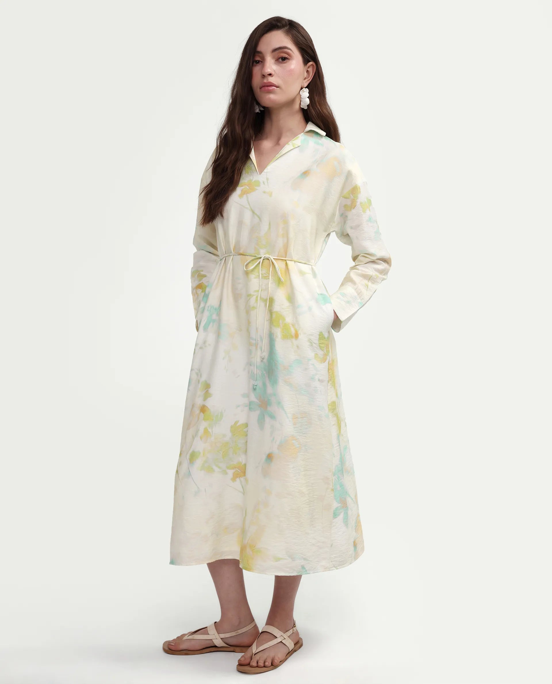 Rareism Women's Hrix Light Green Viscose Blend Lapel Neck A-Line All Over Print Dress