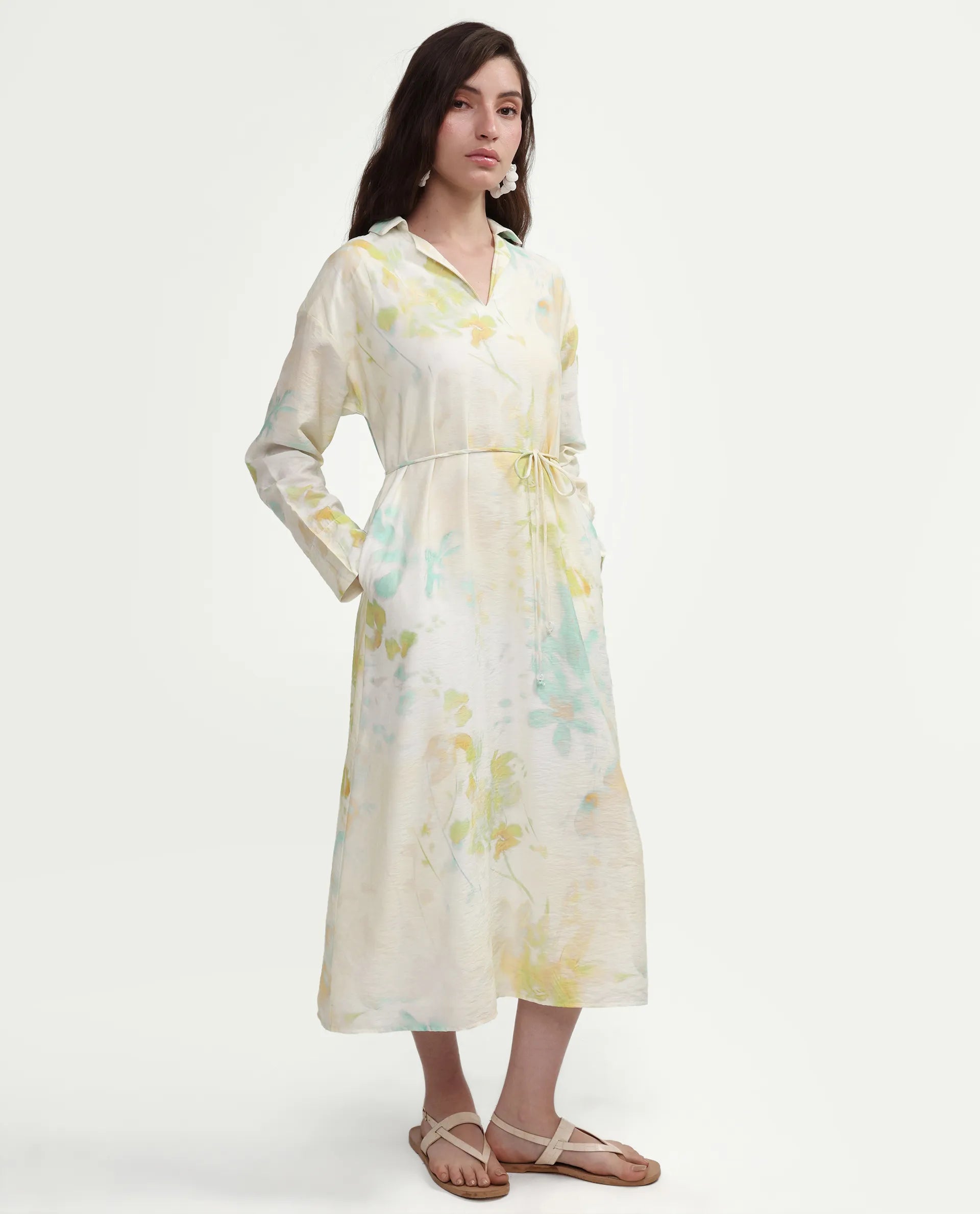 Rareism Women's Hrix Light Green Viscose Blend Lapel Neck A-Line All Over Print Dress
