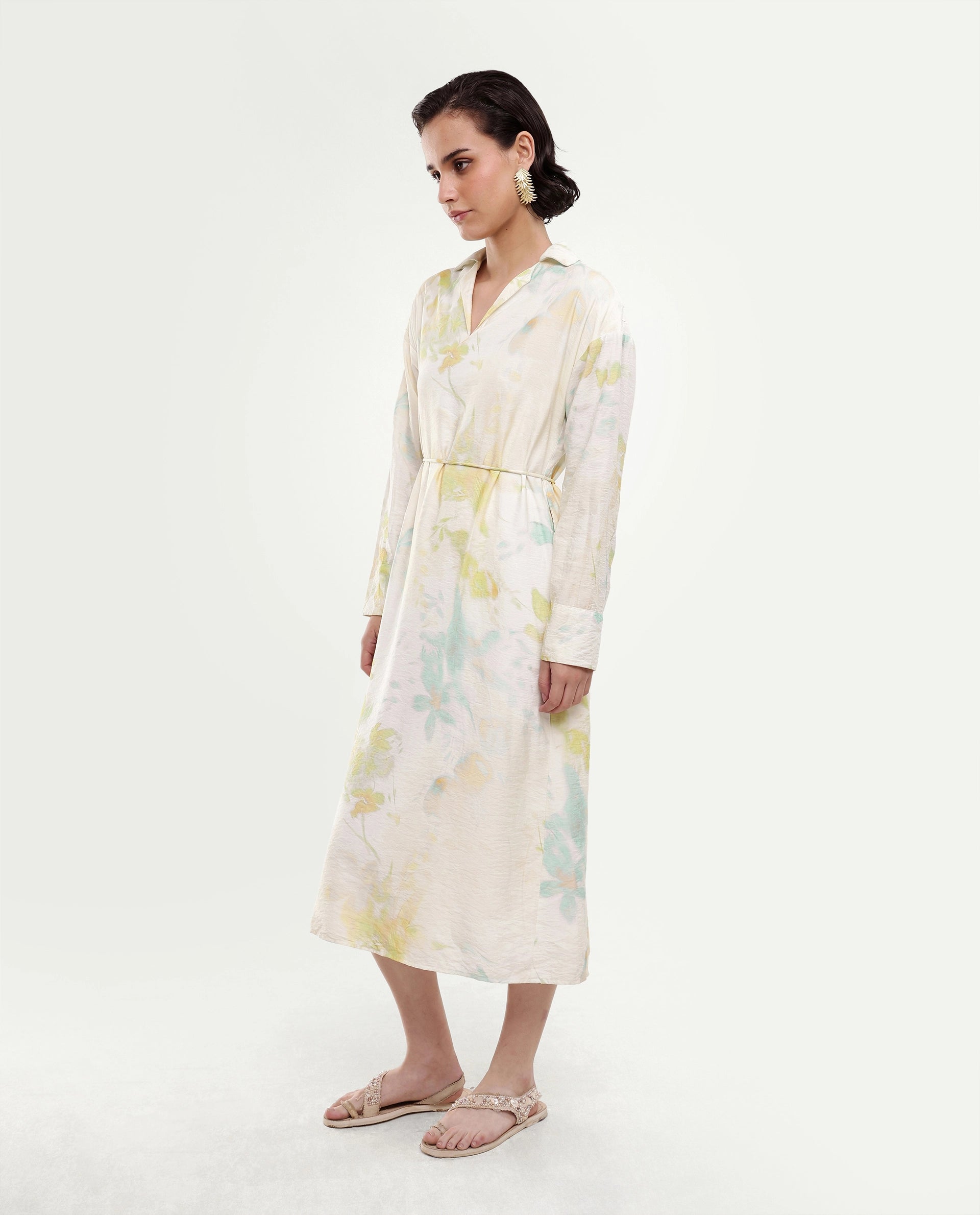 Rareism Women's Hrix Light Green Viscose Blend Lapel Neck A-Line All Over Print Dress