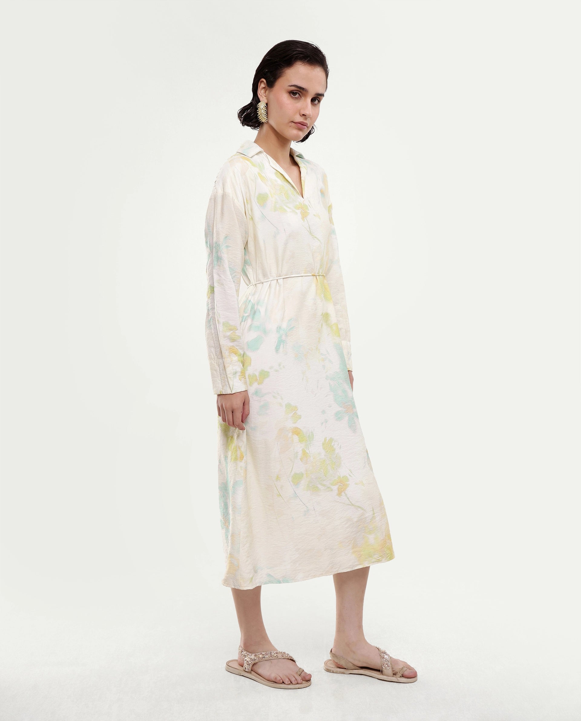 Rareism Women's Hrix Light Green Viscose Blend Lapel Neck A-Line All Over Print Dress