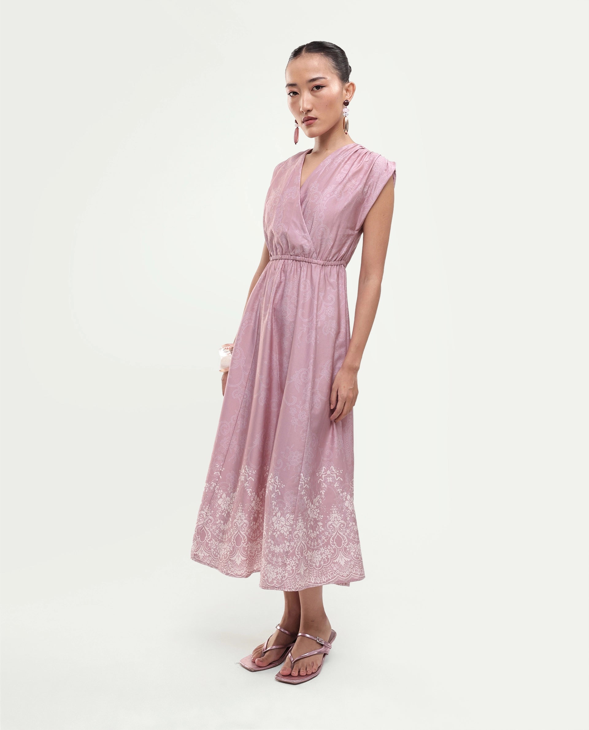 Rareism Women's Hync Pink Cotton Satin Half Sleeve V-Neck Elastic Fit And Flare Ornamental Print Dress