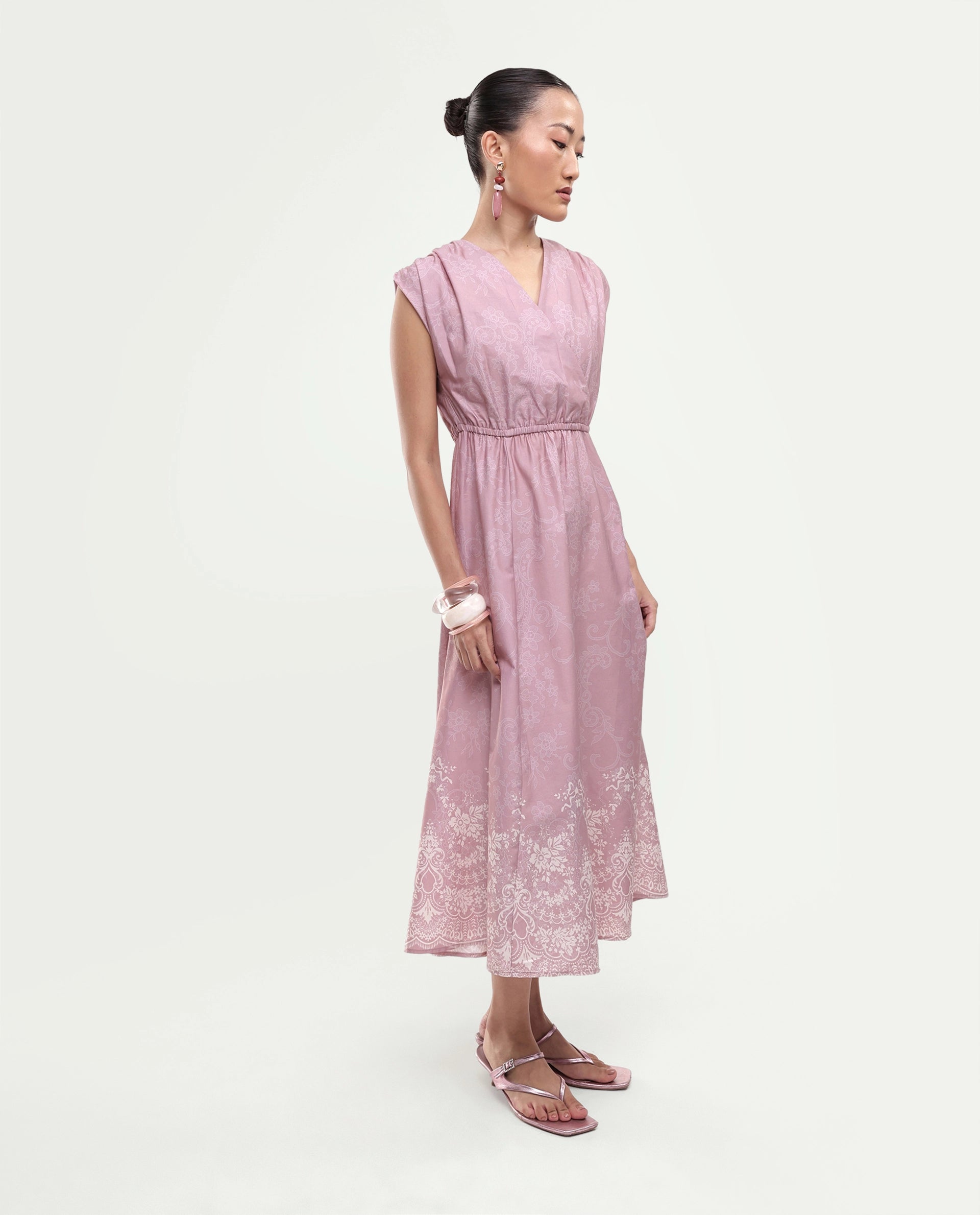Rareism Women's Hync Pink Cotton Satin Half Sleeve V-Neck Elastic Fit And Flare Ornamental Print Dress