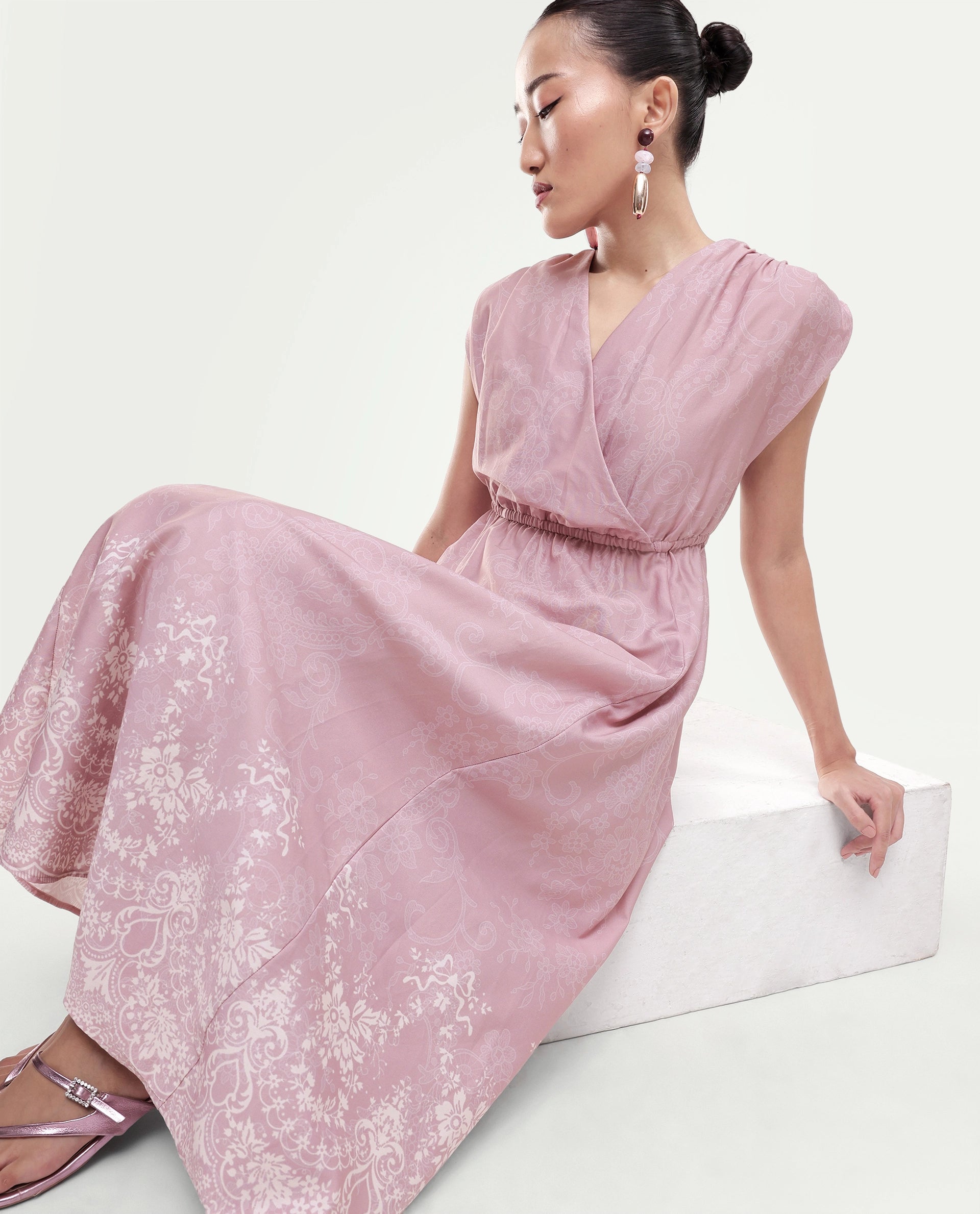Rareism Women's Hync Pink Cotton Satin Half Sleeve V-Neck Elastic Fit And Flare Ornamental Print Dress