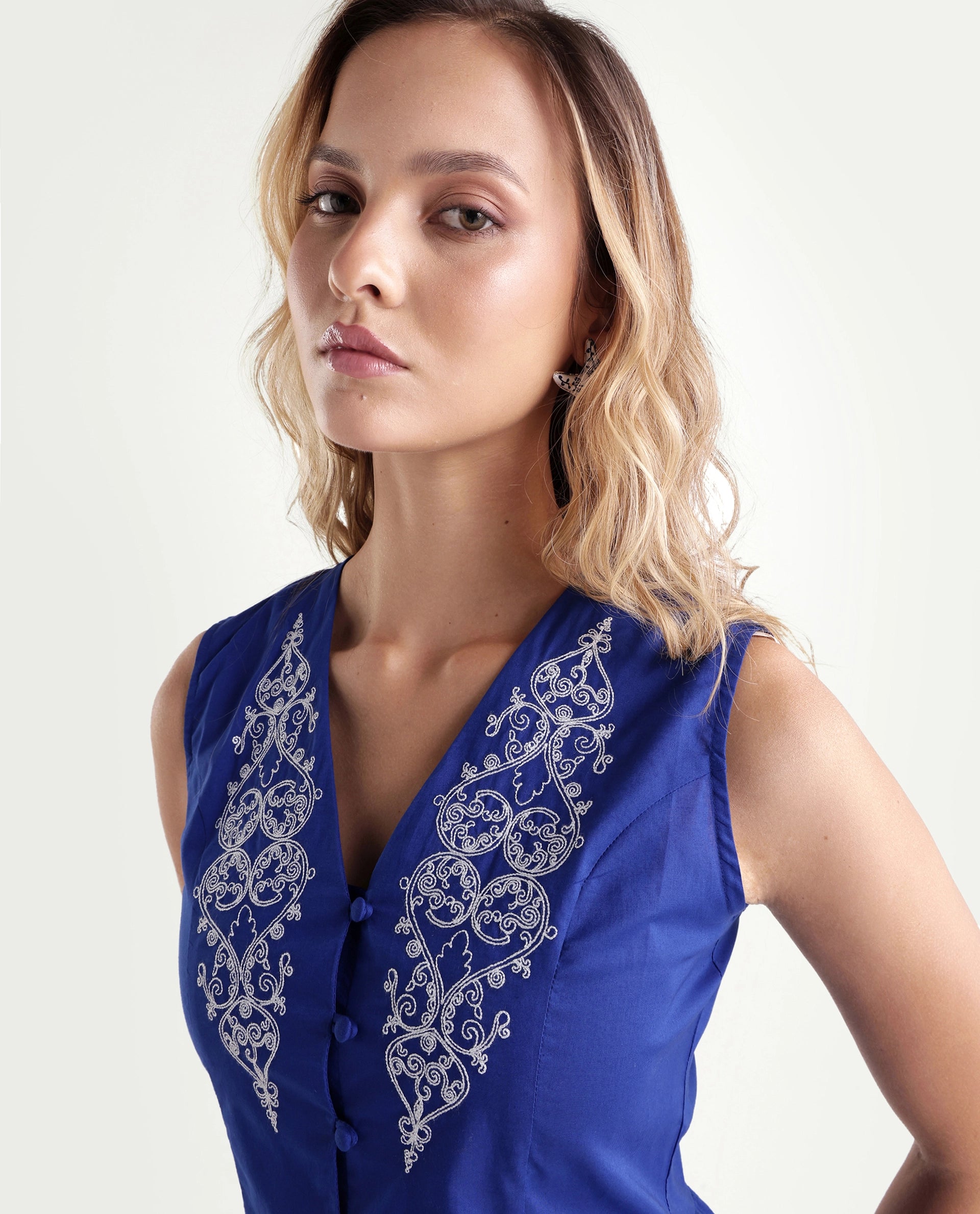 Rareism Women's Kael Blue Cotton Fabric V-Neck Regular Fit Embroidered Top