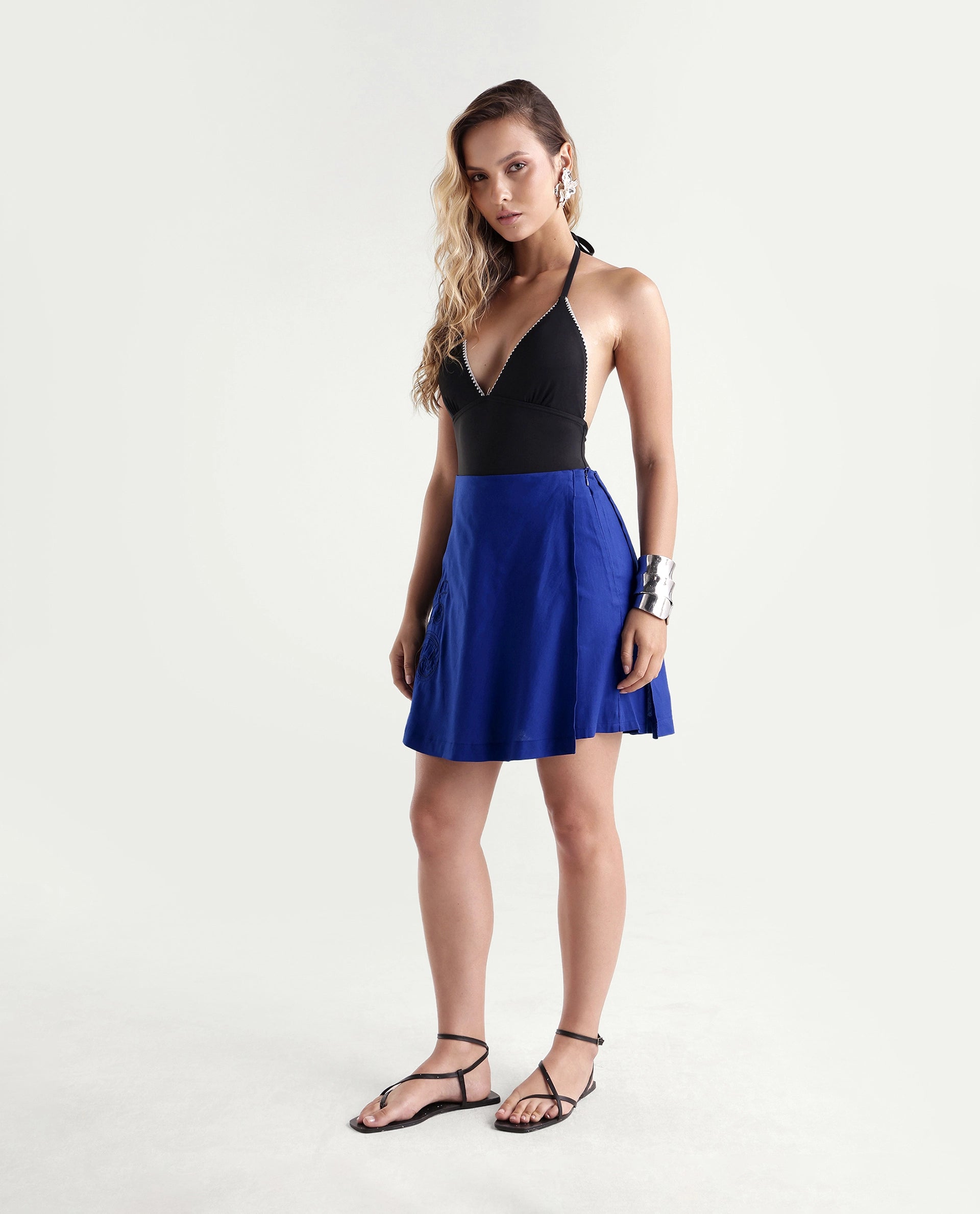 Rareism Women's Karla Navy Cotton Fitted Abstract Print Skirt
