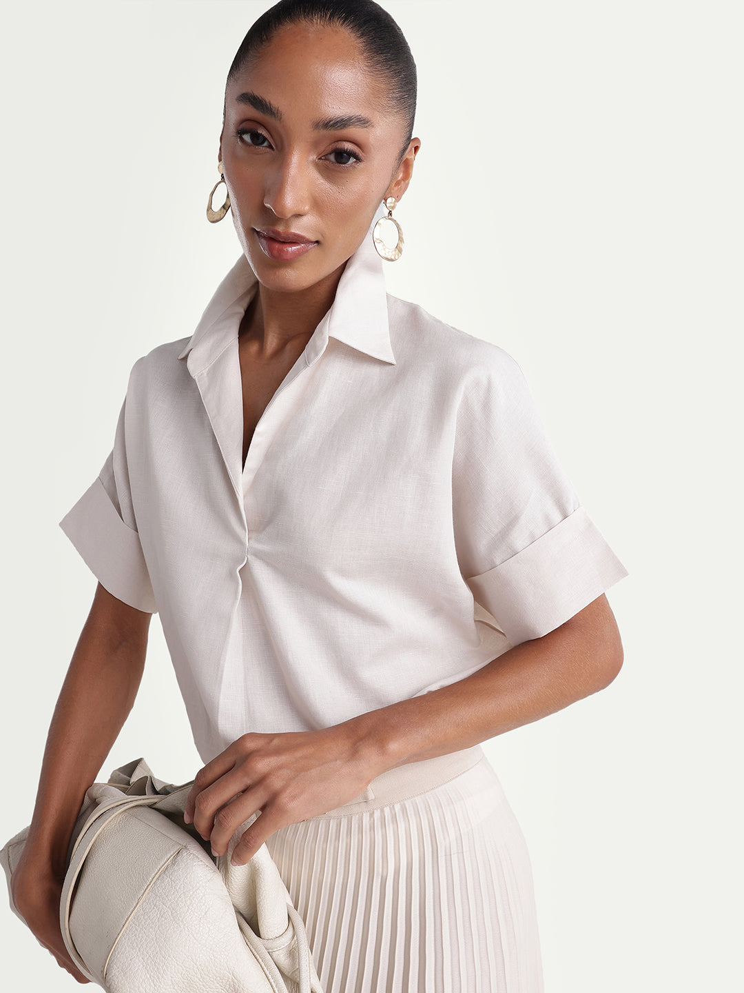 Rareism Women's Kasa Beige Linen Blend Johnny Collar Regular Plain Top