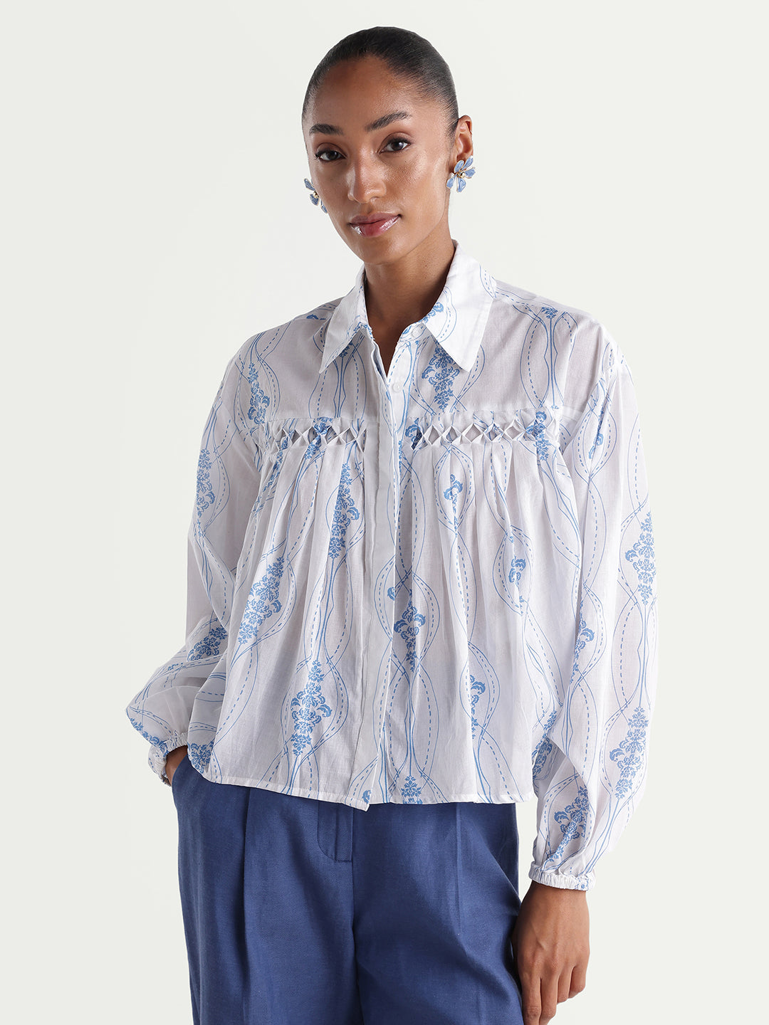 Rareism Women's Kaveny Off White Viscose Spread Collar Regular Ornamental Print Top