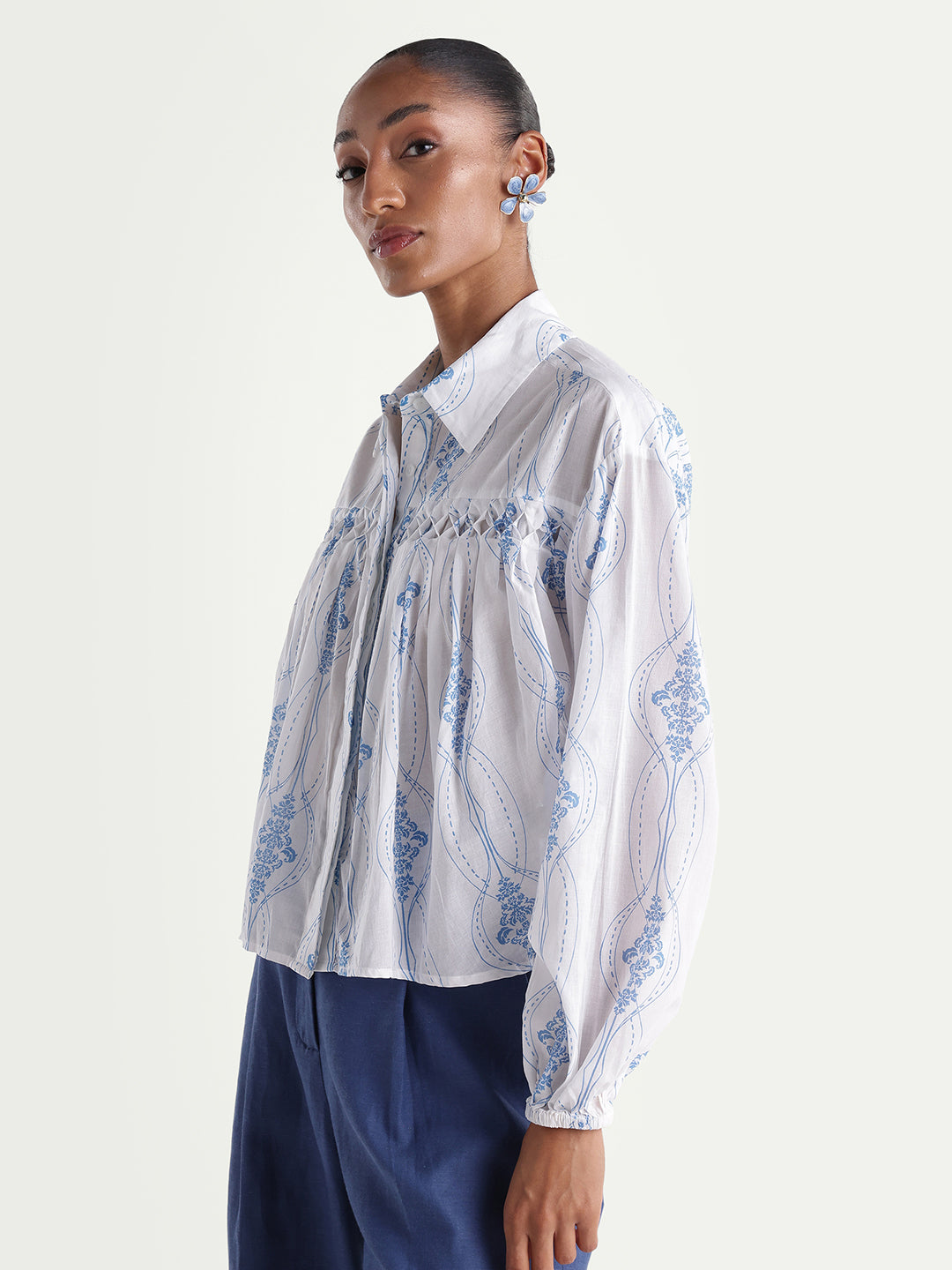 Rareism Women's Kaveny Off White Viscose Spread Collar Regular Ornamental Print Top