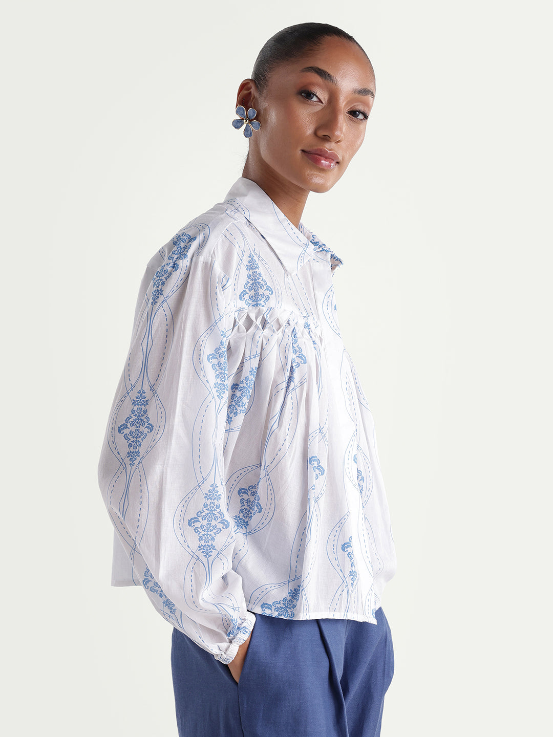 Rareism Women's Kaveny Off White Viscose Spread Collar Regular Ornamental Print Top