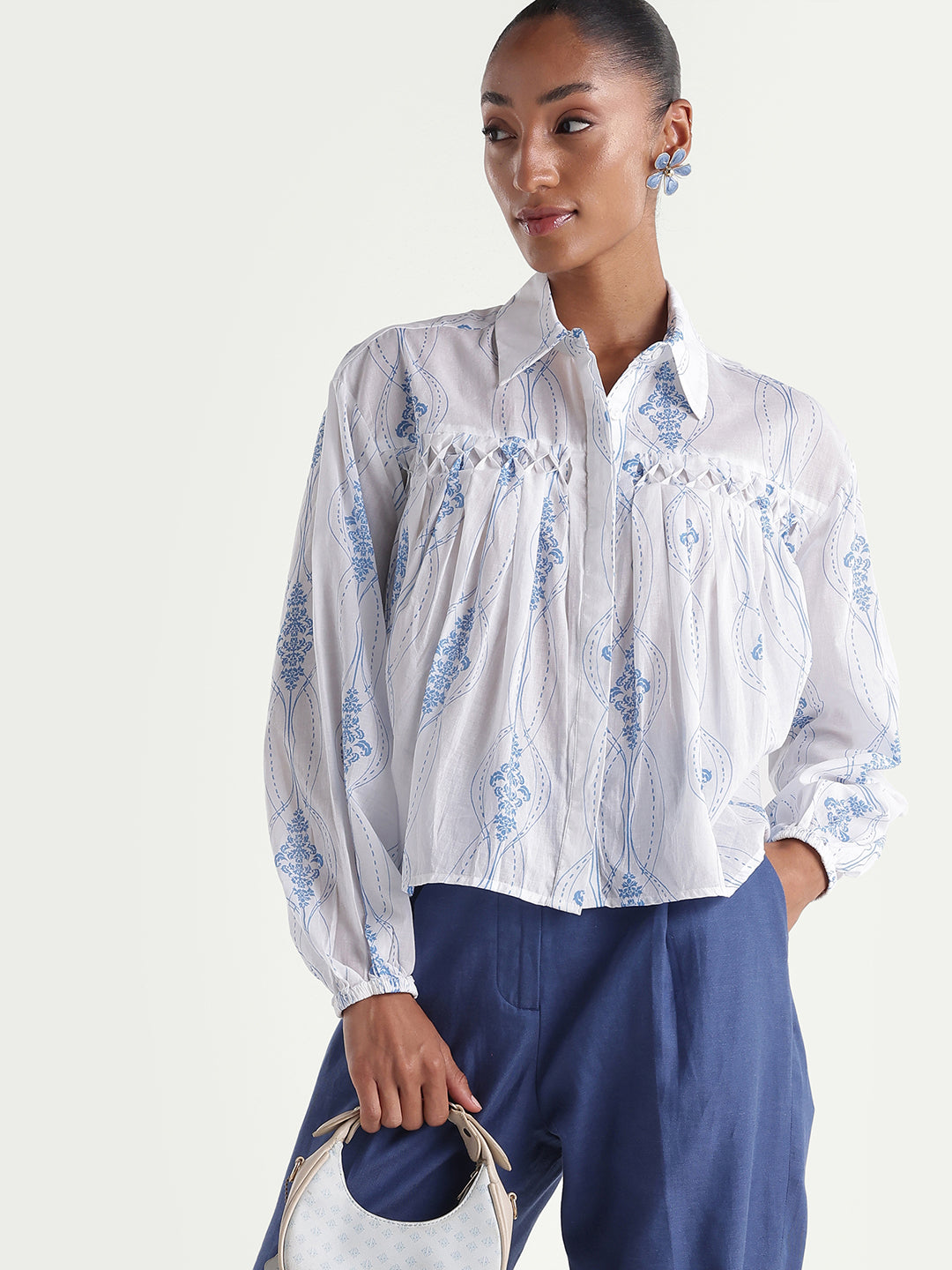 Rareism Women's Kaveny Off White Viscose Spread Collar Regular Ornamental Print Top
