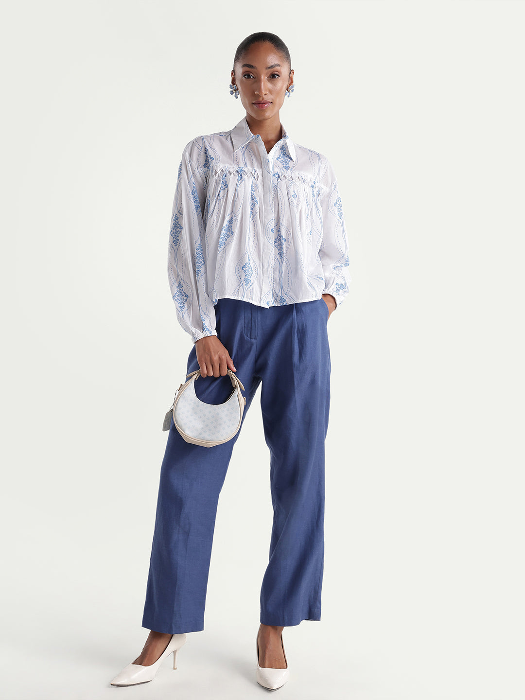 Rareism Women's Kaveny Off White Viscose Spread Collar Regular Ornamental Print Top